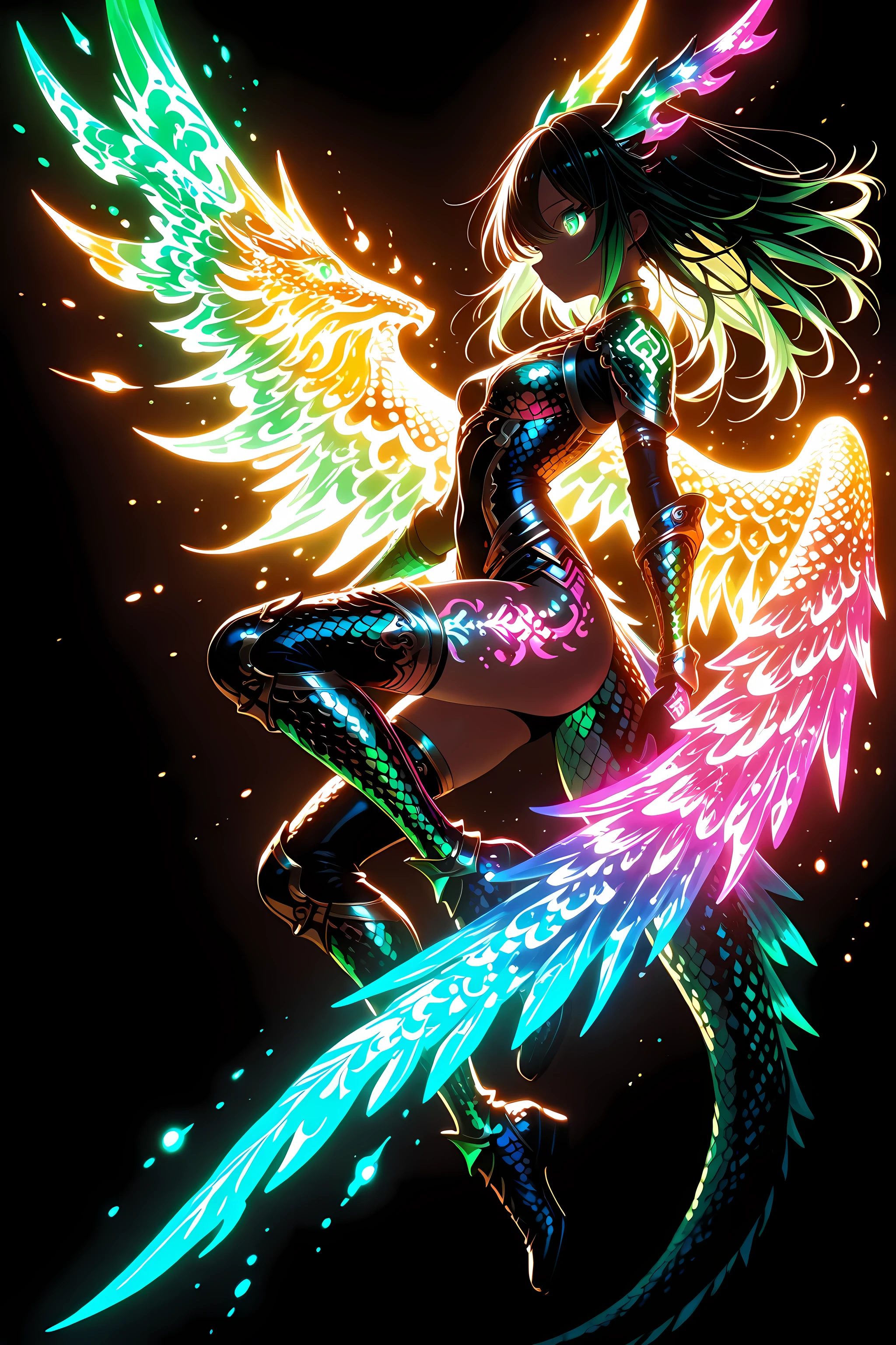 flare marks, glowing marks, flare tattoos, glowing tattoos, glowing, marks, tattoos, (low key lighting:1.3), (rim lighting:1.3), (backlight:1.3), ultra-detailed, high detail, best quality, masterpiece, sharp focus, detailed eyes, vivid colors,2D anime-inspired style, High-quality girl characters, soft color palette, Great ??????? and hand accuracy, Ideal for animation and illustration purposes, detailed face, beautiful girl, long emerald hair, beautiful emerald eyes, wearing tight dragon scaled armor, dragon scale engraved armor, sleevless armor, thigh height emerald boots, glowing dragon crest on the armor chest, dynamic pose, close up, side view angle shot, full body shot