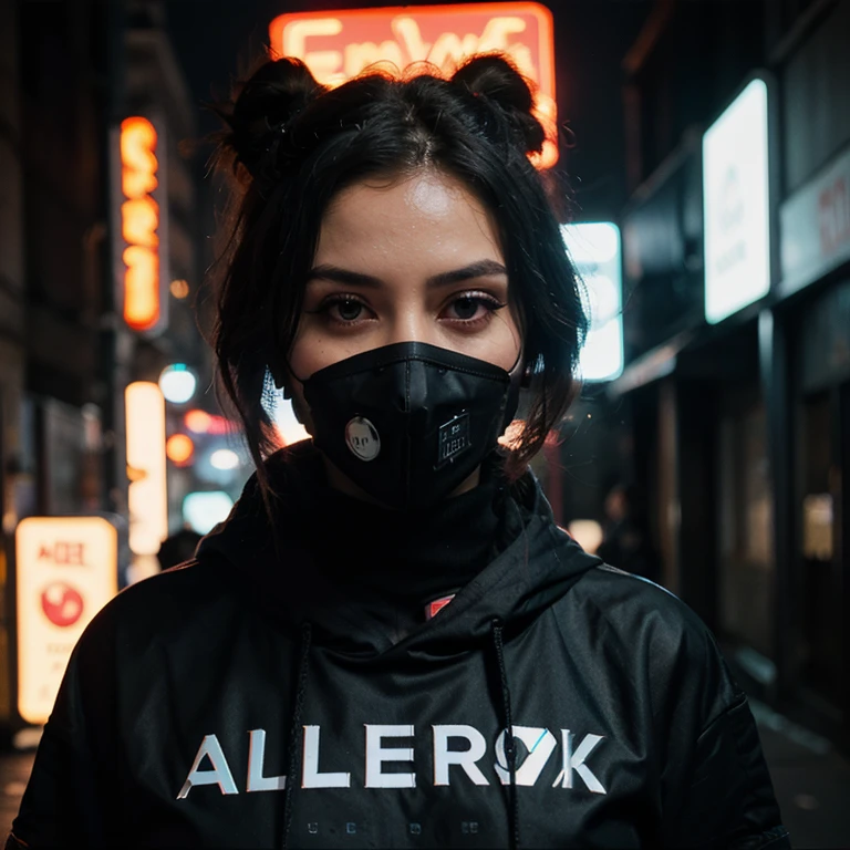 girl with long black hair in black shirt and black joggers taking a selfie, with black mask