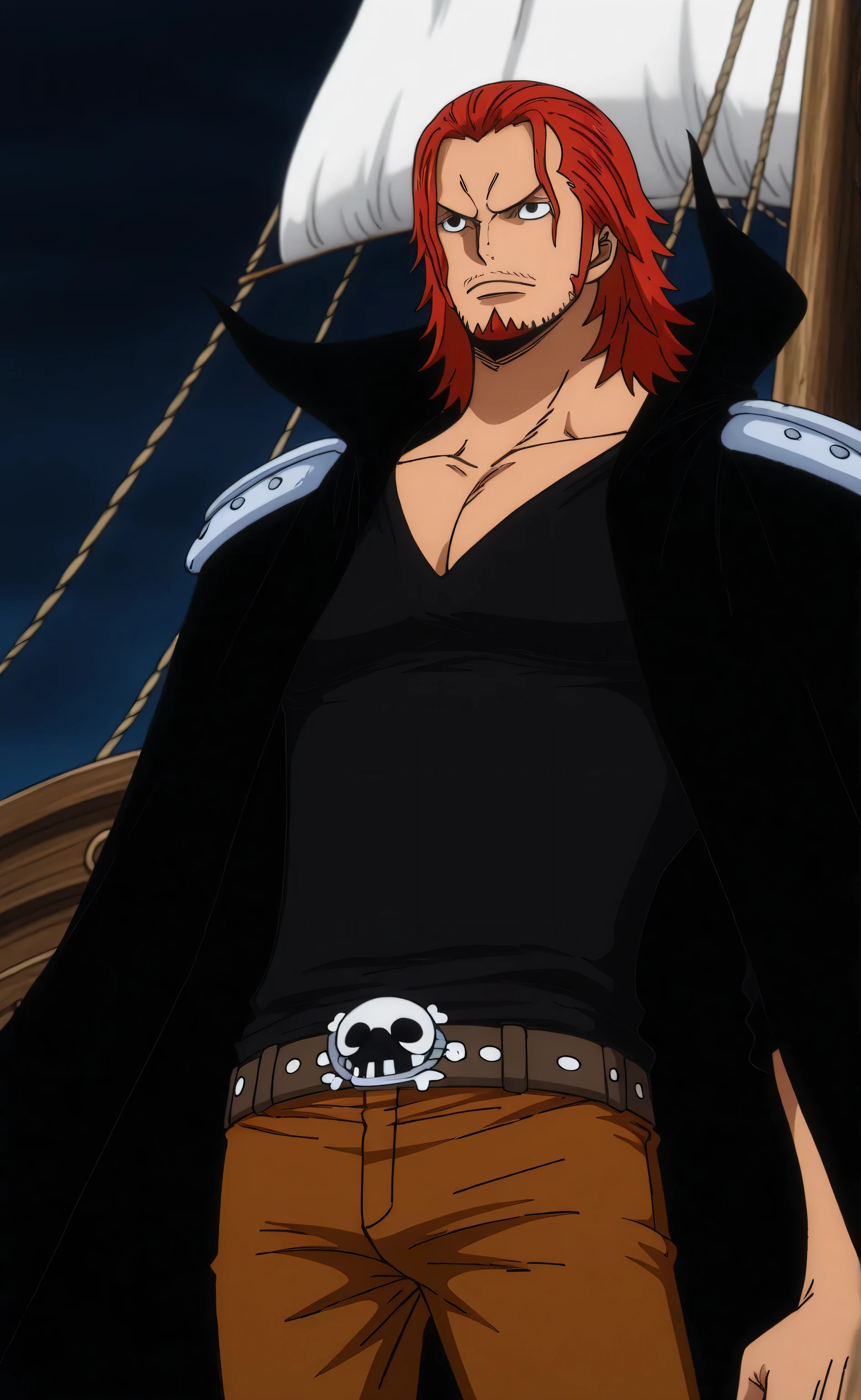 1male, solo, Gildarts Clive, medium hair, red hair, slocked back hair, black eyes, grim, goatee, black cape, black shirt, brown pants, pirate, muscle, pirate ship, One Piece Anime Style