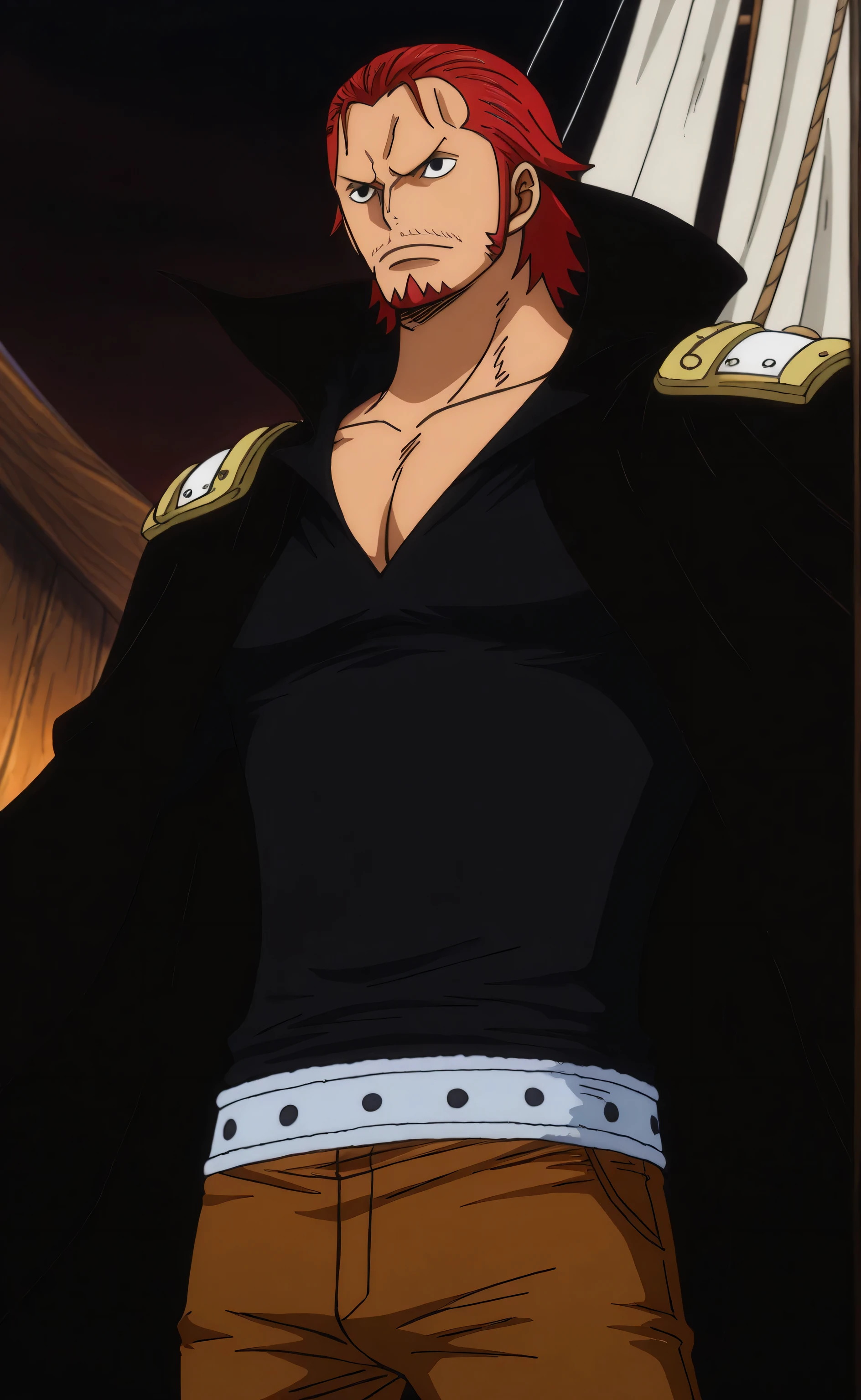 1male, solo, Gildarts Clive, short hair, red hair, black eyes, grim, goatee, black cape, black shirt, brown pants, pirate, muscle, pirate ship, One Piece Anime Style