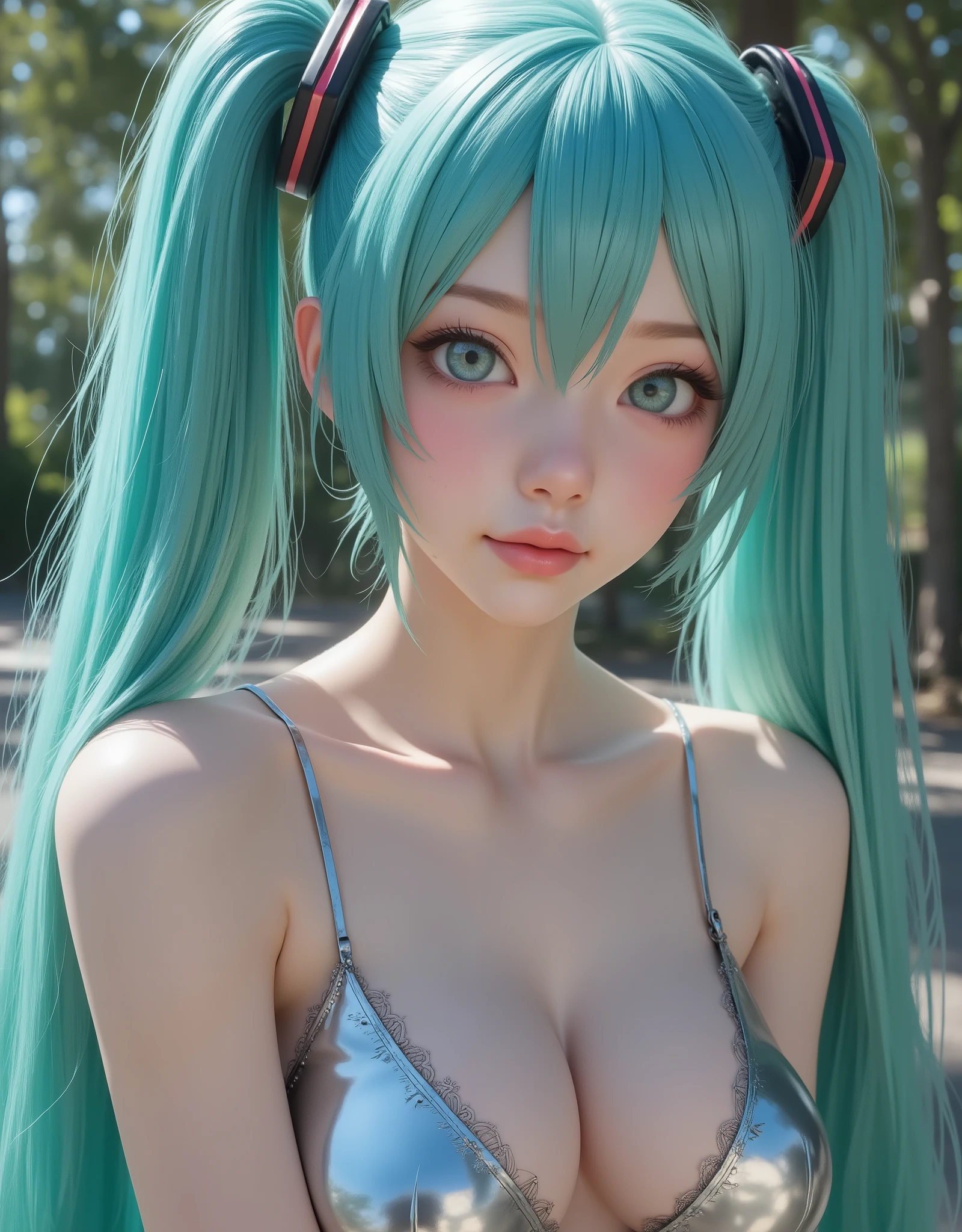 close up (hyperrealistic) The ((Hatsune Miku)),rostro hermoso,hair ((verThe esmeralda)),((very long twin pigtails)),eyes granThes,eyes ((verThe esmeralda ultraThetallados)),Thetalles finos en el rostro,pestañas largas y Thefinidas,textura realista The piel,subtle glitters on pale skin like porcelain,emphasized bust,perfect anatomy,Sleeveless silver shirt,hombros Thescubiertos,mangas The campana negras,corbata verThe esmeralda,short black pleated skirt,Thigh-length black tights,(RAW photograph),(photorealistic),(hyperrealistic),(masterpiece),(High quality),(Thefinición 8K),(ultra Thetallada),(resolución absoluta),(Thetalles exquisitos),(hdr),realistic style,iridescent effects, surreal background,cinematic lighting,contraste dinámico The luz y sombra.