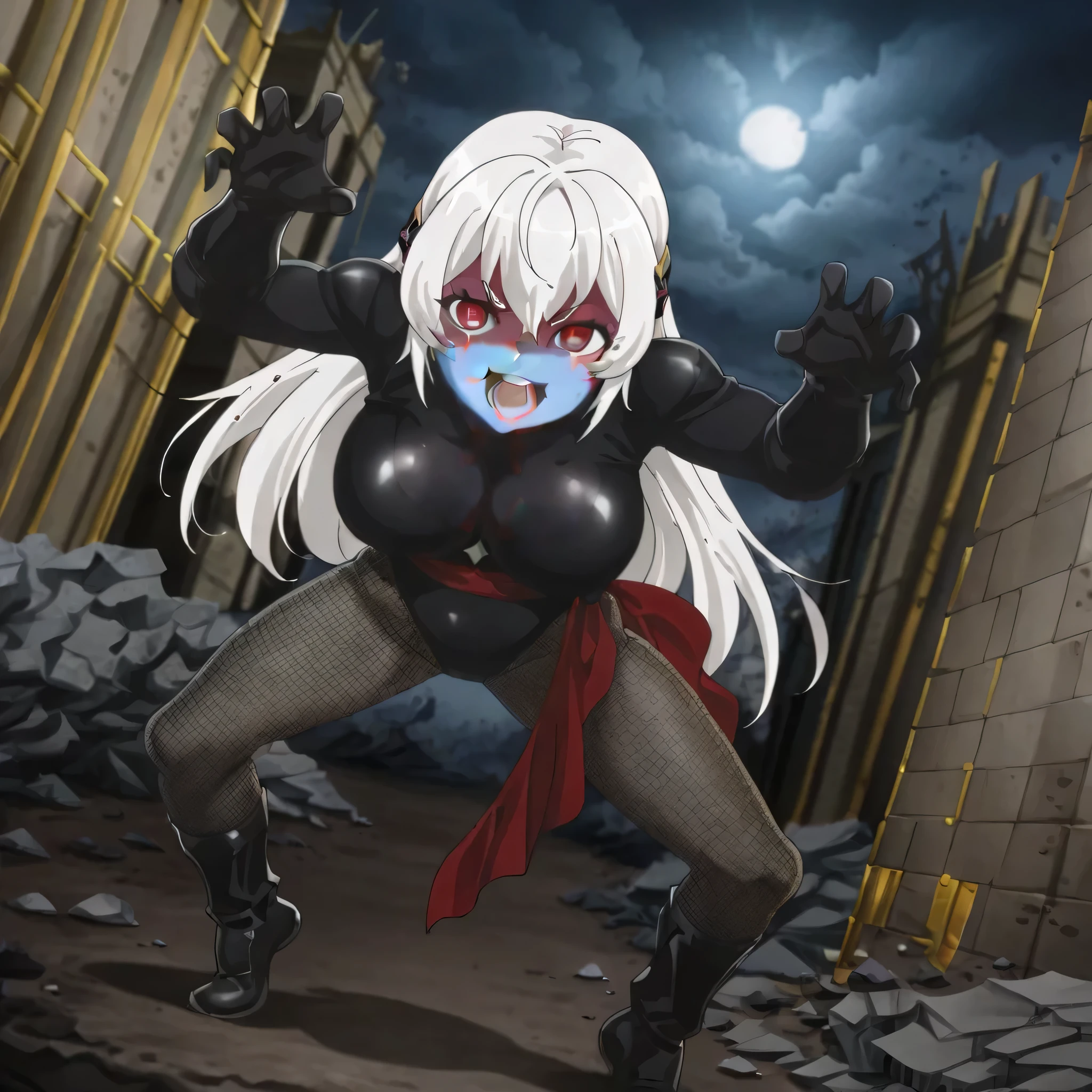 (((Masterpiece))), (((Best Quality))), ((Super Detail)), ultra-High resolution, score_9,score_8_up,score_7_up,score_6_up,score_5_up,score_4_up, BREAK, source_anime, anime screencap, uncensored, Masterpiece, (best shadow), (absurdres), (detailed background), (very aesthetic), detailed beautiful eyes, outstanding, an exquisite animation illustration, curvy, highres, shiny clothing, dark persona, empty eyes, blank eyes, shocker, (((black leotard))), latex elbow gloves, brown fishnet pantyhose, (((blue skin))), colored skin, red sash, makeup, (((solo, 1girl))), hair ornament,  pose, submissive pose, anime style, anime coloring, animification, megami magazine,  pose, dynamic angle, cinematic angle, dutch angle, dynamic composition, large , Nazuna01, long hair, red eyes, white hair, serious, angry, evil smile, open mouth, looking from front, view from front, from front, apocalyptic, apocalyptic city, debris, destroyed city, rubble, remains of buildings, dark, cloudy, outdoors, blood splatter, , full body, , claw pose, standing, spreading legs, bowlegged pose, fighting, fighting stance, dynamic pose, action pose, fantasy, medieval, western architecture, night, delicate features, soft lighting, warm lighting, moonlight, night scene, dark theme, horror theme