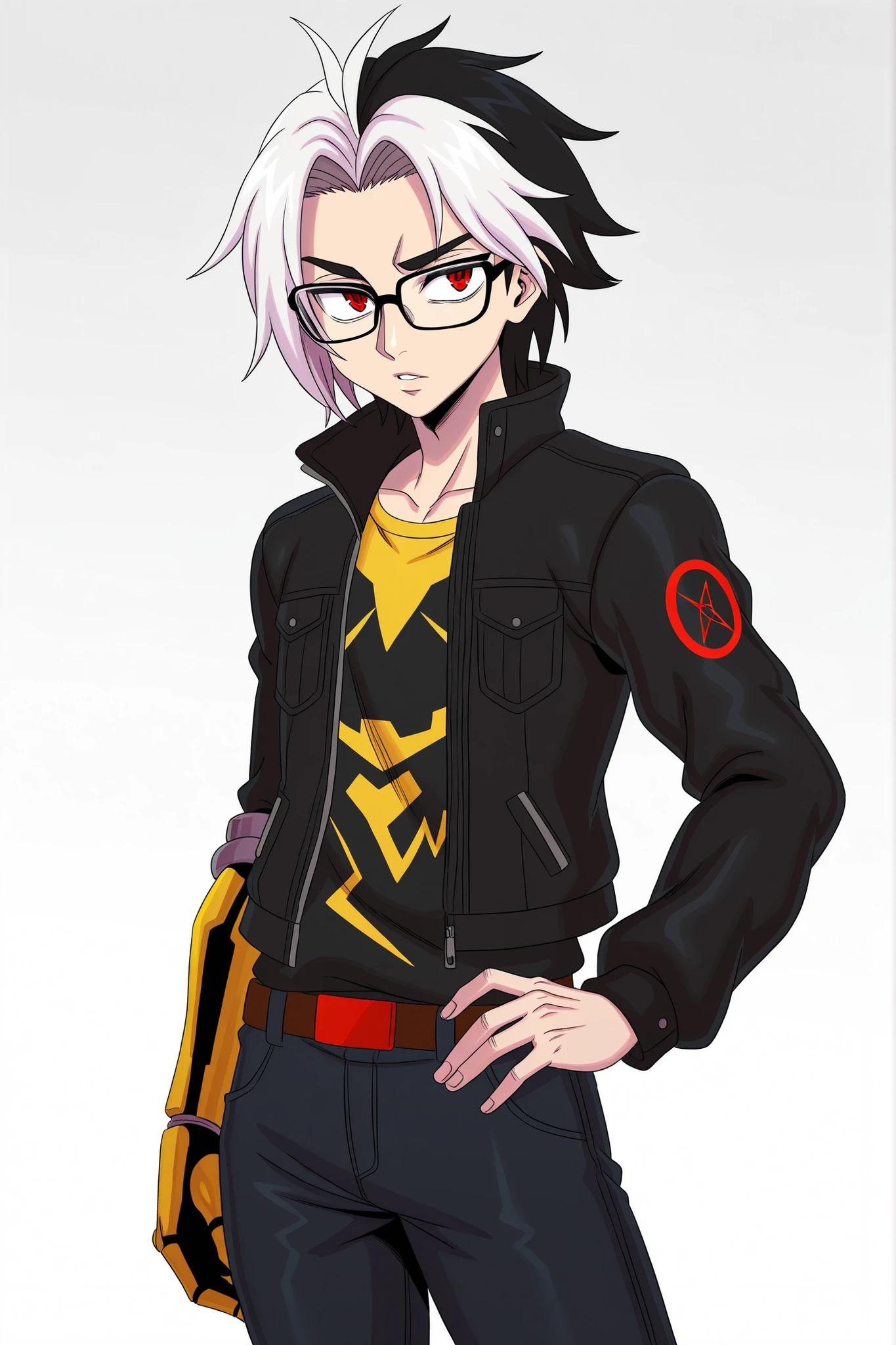 1boy, masterpiece, best quality, newest, simple background, 4k, solo, absurdres, highres, (adult), (by sssonic2),  glasses, red eyes, (human), (male), young adult, solo, alert eyes, open eyes, expressive eyes, casual look, black jacket, yellow shirt, black jeans, side-parted hair fringe, short hair, black and white hair, two-tone hair, multi-colored hair, cybernetic ancient arm, (human nose), parted lips