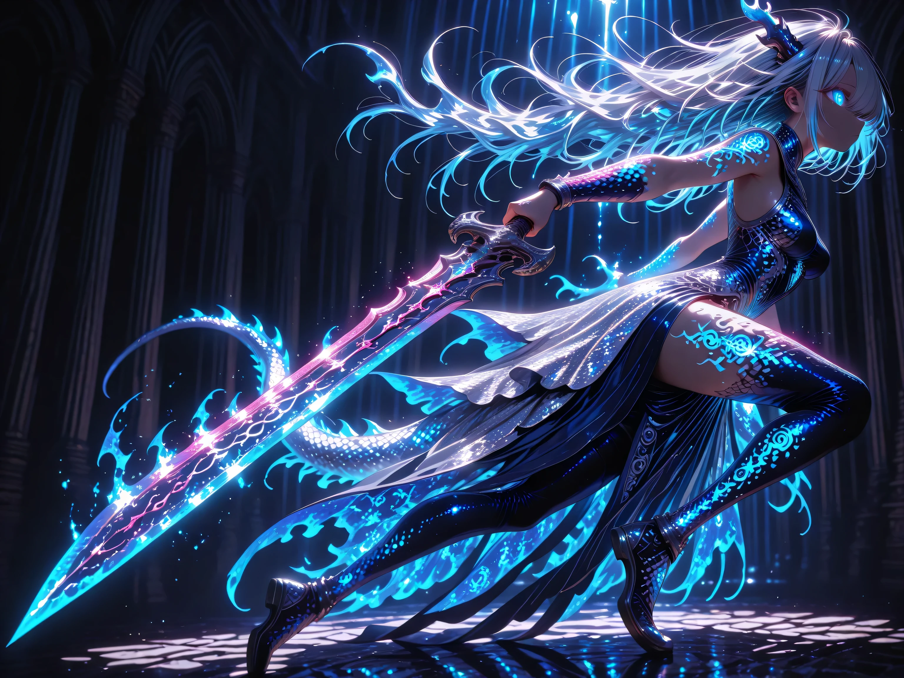 glowing marks, glowing tattoos, glowing, marks, tattoos, (low key lighting:1.3), (rim lighting:1.3), ultra-detailed, high detail, best quality, masterpiece, sharp focus, detailed eyes, vivid colors,2D anime-inspired style, High-quality girl characters, soft color palette, Great ??????? and hand accuracy, Ideal for animation and illustration purposes, detailed face, beautiful girl, medium boobs, long silver hair, inner sky blue hair, beautiful saphhire eyes, wearing sky blue tight dress with glowing dragon scaled pattern on her dress, holding the sword engraved with the dragon mark, dynamic pose, dynamic shot from the side, close up, full body shot,