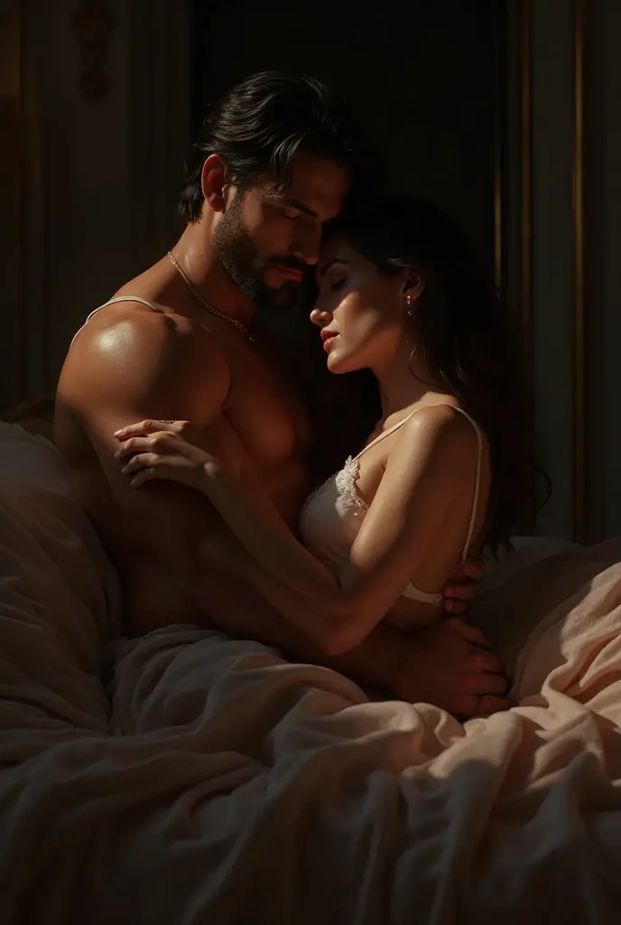 The man in his 45s with black very short hair and smooth face with moustache. The woman in her 45s with brown wavy long hair. The man is wearing an unbuttoned white shirt and black trousers. The woman is wearing a black elegant low-cut dress. They are on the beach. There is a campfire. Night, dark, dim.  . The woman is . Ultra realistic.