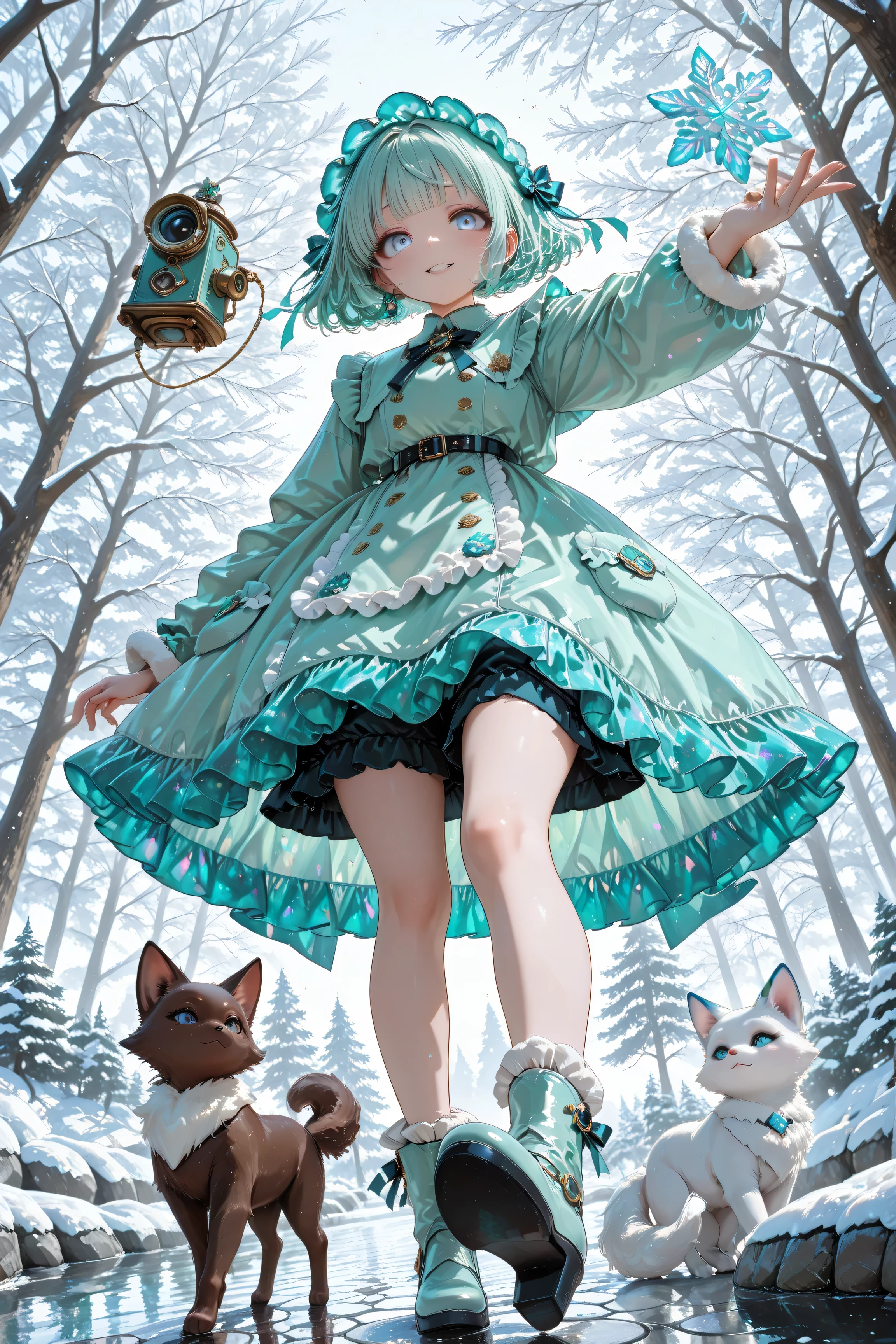 two little girls,
girl1: mint-green twin-tails, big chocolate eyes, mint-lolita coat
girl2: icy-mint short hair, pale blue eyes, snowflake lolita
pet: mint-fox pup jumping
creating floating mint-candy tiles like stepping stones
camera: low angle from below, showing them jumping cutely
sparkling winter forest, bright magical glow, frills fluttering,