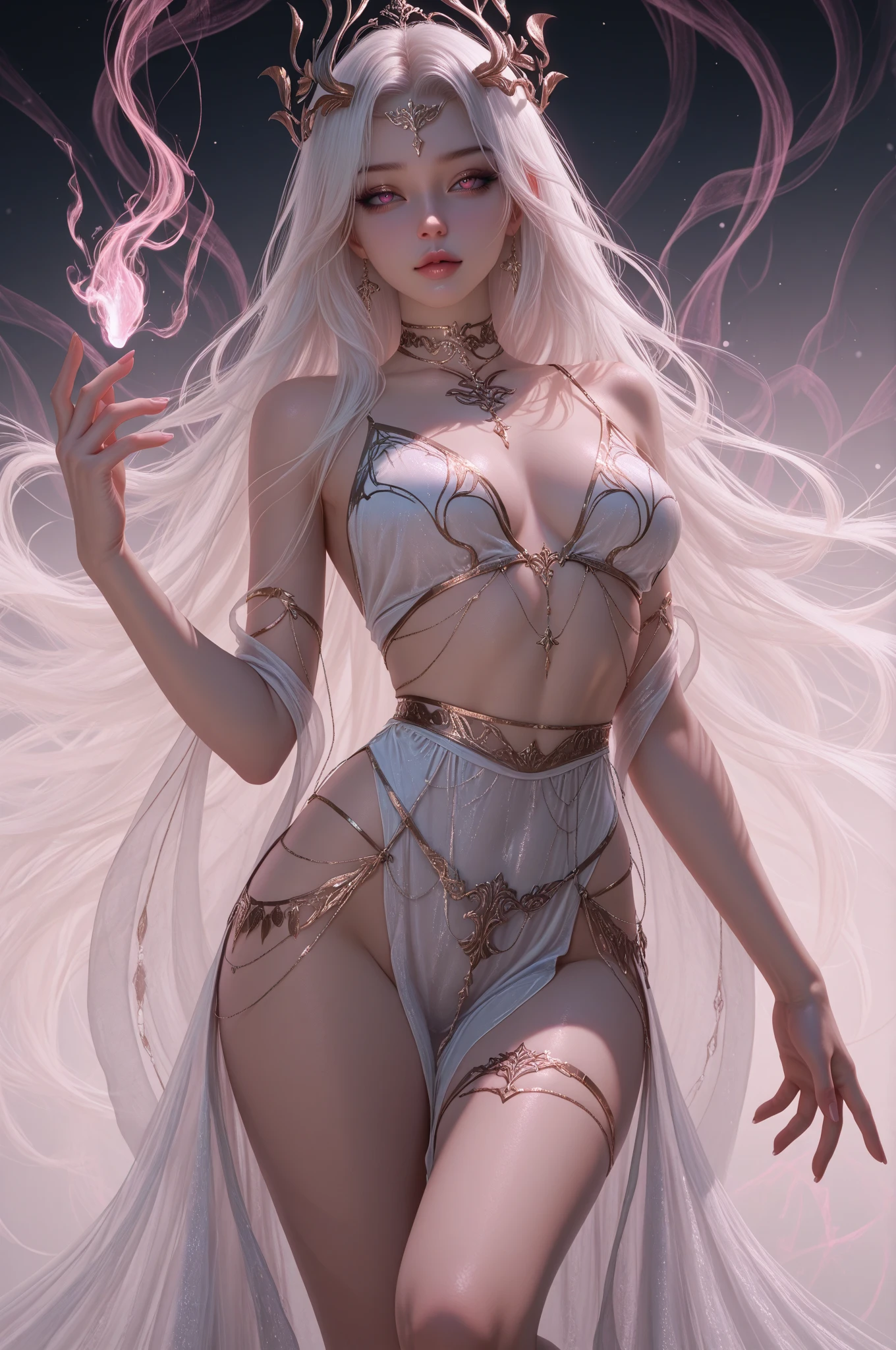 masterpiece, a beautiful void goddess, whole body in white  clothes, standing under the empty night stars, disappearing sheer pants, standing upright, Tall figure, slender legs, Detailed faces, detailed body parts details, 8k wallpaper,