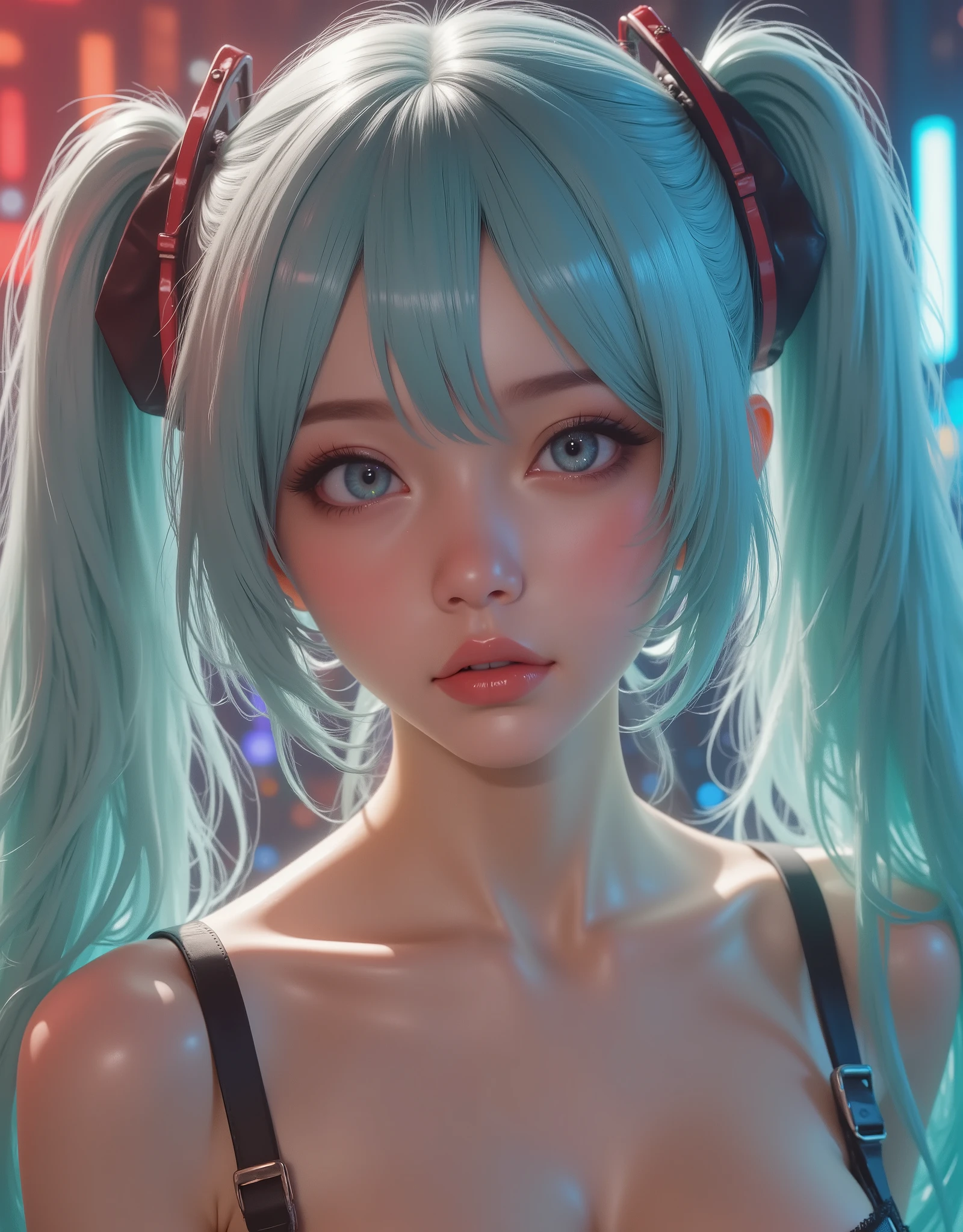  low angle (hyperrealistic) The ((Hatsune Miku)),rostro hermoso,hair ((verThe esmeralda)),((very long twin pigtails)),eyes granThes,eyes ((verThe esmeralda ultraThetallados)),Thetalles finos en el rostro,pestañas largas y Thefinidas,textura realista The piel,subtle glitters on pale skin like porcelain,emphasized bust,perfect hands,((perfect anatomy)),Sleeveless silver shirt,hombros Thescubiertos,mangas The campana negras,corbata verThe esmeralda,short black pleated skirt,Thigh-length black tights,(RAW photograph),(photorealistic),(hyperrealistic),(masterpiece),(High quality),(Thefinición 8K),(ultra Thetallada),(resolución absoluta),(Thetalles exquisitos),(hdr),realistic style,iridescent effects, surreal background,cinematic lighting,contraste dinámico The luz y sombra