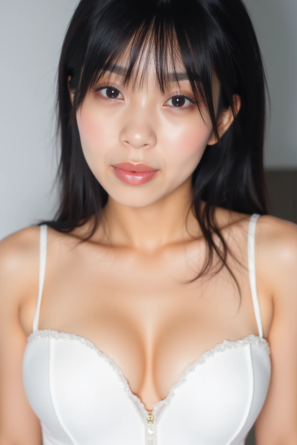 ((Highest quality)), ((masterpiece)), (detailed), One girl, (?????????? ????????)、(??? in mouth,1.5 facial ???,1.5 ??? in ??????)1.5, (closed mouth and eyes、???????????)1.3,Bangs down、???????????、White camisole、Dimly lit warehouse、View from the front