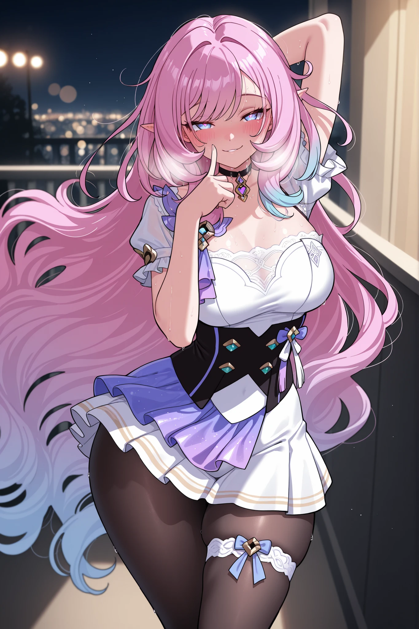 elysia_\(honkai_impact\),Mullon art style, high quality, masterpiece, best quality, 1girl, solo, gradient long straight hair let down, choker with pendant, thigh strap visible, Idol outfit, skirt, white lace trim, black pantyhose, ((very well detailed)) wavy hair, choker, ((sexy pose)), (posing), hip and thigh focus, outdoors, in bedroom balcony, sfw, playful dominant expression, blush, bokeh light, blush, score_9, score_8_up, score_8, 1girl, big ass, steam, sweat, hair let down, long straight hair, gradient hair, teasing expression, playful tease, seductive smile, looking at viewer, viewer pov, wavy hair, pantyhose, ((hair let down)), ((straight long hair)), ((wavy hair)), arm raised, one arm behind, wind, wind on hair