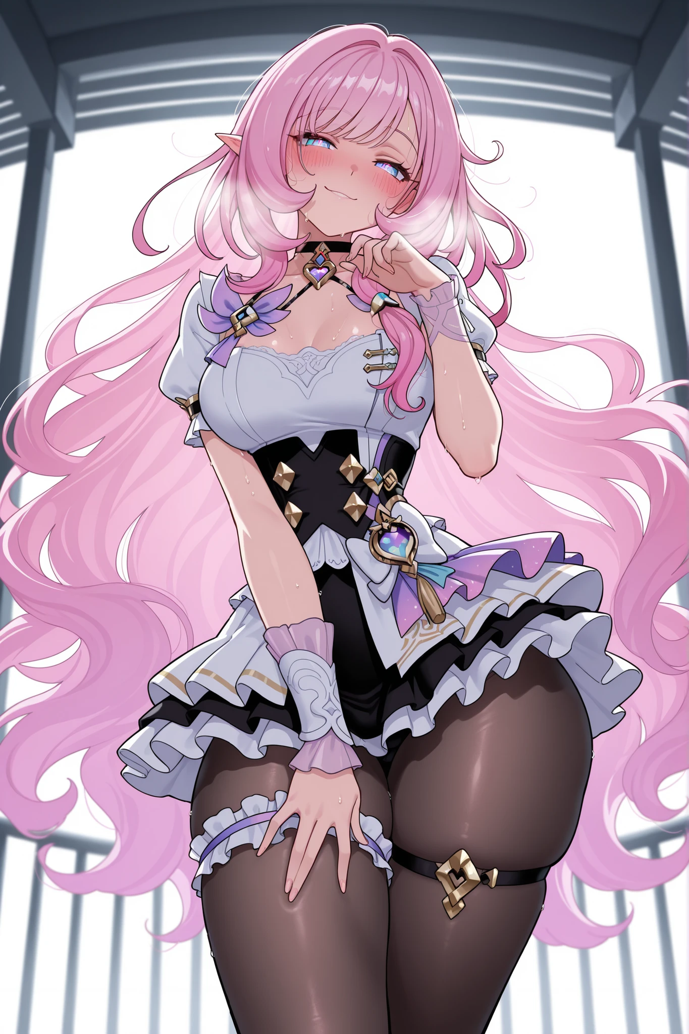 elysia_\(honkai_impact\),Mullon art style, high quality, masterpiece, best quality, 1girl, solo, gradient long straight hair let down, choker with pendant, thigh strap visible, Idol outfit, skirt, white lace trim, black pantyhose, ((very well detailed)) wavy hair, choker, ((sexy pose)), (posing), hip and thigh focus, outdoors, in bedroom balcony, sfw, playful dominant expression, blush, bokeh light, blush, score_9, score_8_up, score_8, 1girl, big ass, steam, sweat, hair let down, long straight hair, pink and white gradient hair, teasing expression, playful tease, seductive smile, looking at viewer, viewer pov, wavy hair, pantyhose, ((hair let down)), ((straight long hair)), ((wavy hair)), arm raised, one arm behind, wind, wind on hair