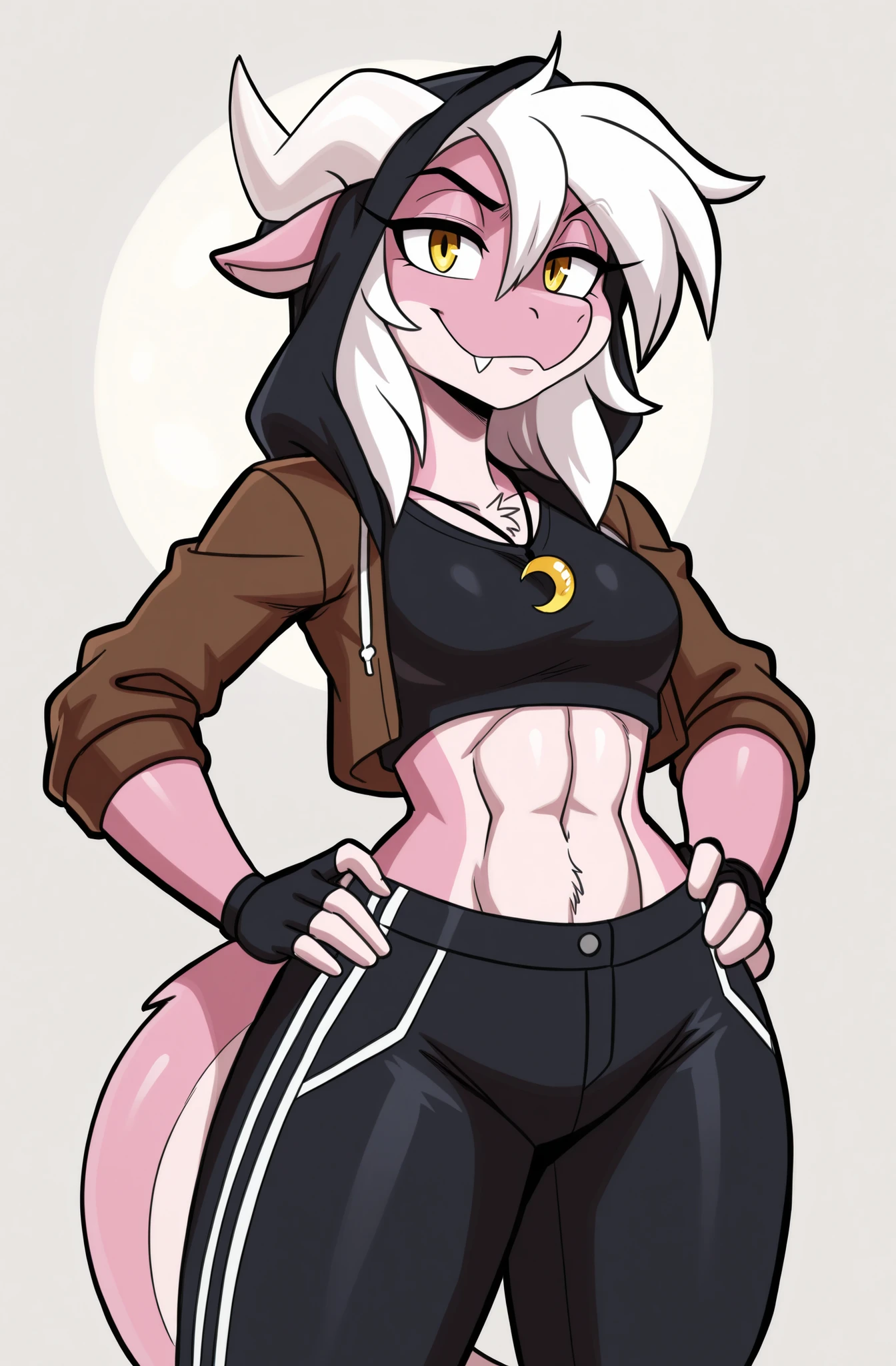 1boy, masterpiece, best quality, newest, simple background, solo, absurdres, highres, (adult), (by sssonic2), (medium hair, straight white hair, hair between eyes, feathered bangs), (pink body with tan-ish white tones, kobold, cute snout, snaggletooth maw), (ivory white horns, short horns, bent horns), (yellow eyes, silt pupils, expressive eyes), (cute, tomboy, badass, small smile), (brown waist jacket with hoodie), (black top), (black pants), (fingerless gloves), (moon necklace), small-medium breast size, (crossed arms), [[very subtle abs]], [athletic build], semi-angry eyebrows