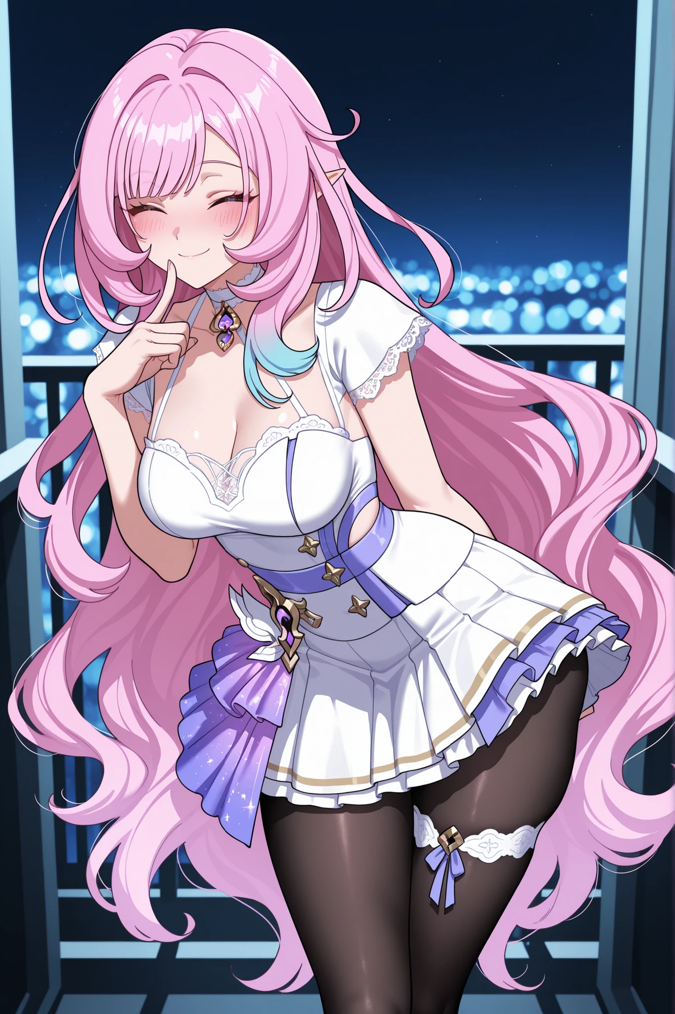 elysia_\(honkai_impact\), Mullon art style, high quality, masterpiece, best quality, 1girl, solo, gradient long straight hair let down, choker with pendant, thigh strap visible, Idol outfit, skirt, longer skirt, white lace trim, black pantyhose, ((very well detailed)) wavy hair, choker, ((sexy pose)), (posing), hip and thigh focus, outdoors, night time, in bedroom balcony, sfw, playful dominant expression, blush, bokeh light, blush, score_9, score_8_up, score_8, 1girl, big ass, hair let down, long straight hair, gradient hair, teasing expression, playful tease, seductive smile, looking at viewer, viewer pov, wavy hair, pantyhose, ((hair let down)), ((straight long hair)), ((wavy hair)), ((both arm behind her back)), wind, wind on hair, eyes closed, smile, leaning forward
