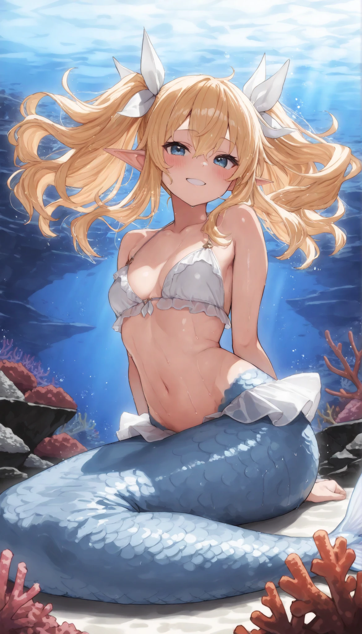 hitenkei style, claude monet, oil painting, mermaid, (()), , masterpiece, underwater, coral reefs, schooling fish, 1 girl,  , intricately detailed, navel,  shoulders, blonde hair, pearl necklace, fin hair ornaments, under sea, extremely detailed,  , puffy , blue eyes,  stomach, soaked, , arm strap, swimming, teen, soft eyes, smiling, armpit, happy, half open eyes, lusty eyes, blushing, long hair, side bangs, sleepy eyes,  piercing, lifeless eyes