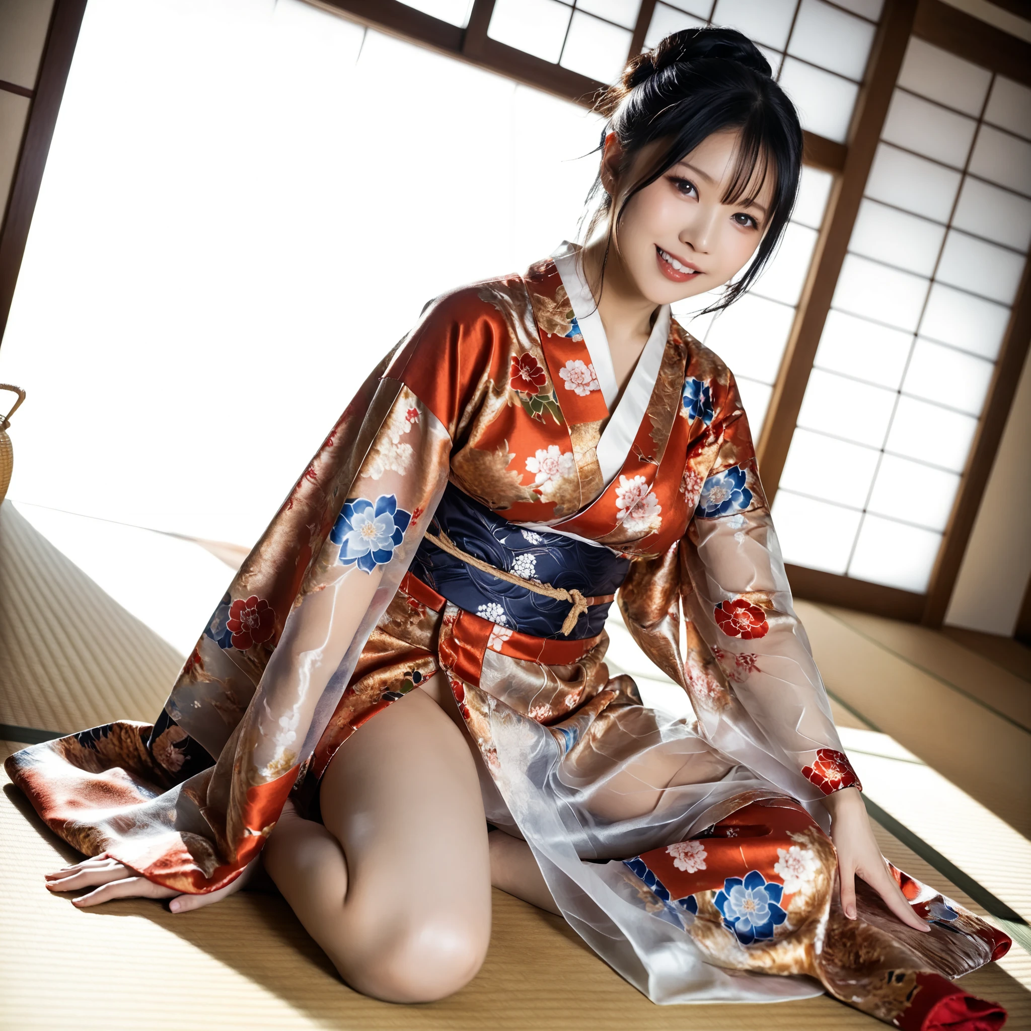 最High Quality 、High Quality 、 最high definition、high definition、8K quality、high image quality 、最High Quality、 masterpiece 、immersive video、 very realistic images of the floor at night 、Realistic Paintings、 perfect details 、 from out of view High contrast 、High Fidelity、 perfect pictures without blur、close to reality、 image faithfully reproduced down to the smallest detail、 EXQUISITE AND REALISTIC WEAPONS 、 Exquisite and realistic human skin 、 Realistic face in every detail、 Realistic eyes with attention to detail 、 Realistic lips drawn with minimal detail 、 detailed and real teeth、Real Ears、 Realistic Hair 、((Japanese Model))、((gravure idol))、((Young face))、((black hair))、((medium rounded breasts))、((stylish body ))、(((Sweaty skin all over )))、((Wear a floral kimono made of transparent vinyl,Clear vinyl fits your skin perfectly))、((Wear a floral kimono made of transparent nylon,Clear nylon adheres perfectly to the skin))、((See your skin through a clear vinyl kimono))、((See your skin through a clear nylon kimono))、((Traditional Japanese room))、(((Sexy side seat on tatami mat in a Japanese-style room )))、(((Full Body Footage from Head to Toe,)))、(((look at her from a random angle)))