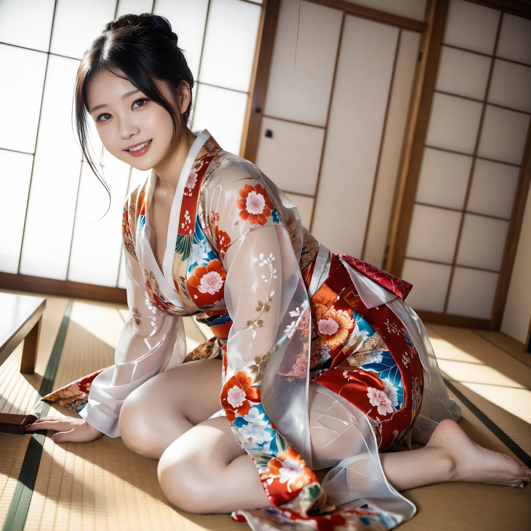 最High Quality 、High Quality 、 最high definition、high definition、8K quality、high image quality 、最High Quality、 masterpiece 、immersive video、 very realistic images of the floor at night 、Realistic Paintings、 perfect details 、 from out of view High contrast 、High Fidelity、 perfect pictures without blur、close to reality、 image faithfully reproduced down to the smallest detail、 EXQUISITE AND REALISTIC WEAPONS 、 Exquisite and realistic human skin 、 Realistic face in every detail、 Realistic eyes with attention to detail 、 Realistic lips drawn with minimal detail 、 detailed and real teeth、Real Ears、 Realistic Hair 、((Japanese Model))、((gravure idol))、((Young face))、((black hair))、((medium rounded breasts))、((stylish body ))、(((Sweaty skin all over )))、((Wear a floral kimono made of transparent vinyl,Clear vinyl fits your skin perfectly))、((Wear a floral kimono made of transparent nylon,Clear nylon adheres perfectly to the skin))、((See your skin through a clear vinyl kimono))、((See your skin through a clear nylon kimono))、((Traditional Japanese room))、(((Sexy side seat on tatami mat in a Japanese-style room )))、(((Full Body Footage from Head to Toe,)))、(((look at her from a random angle)))
