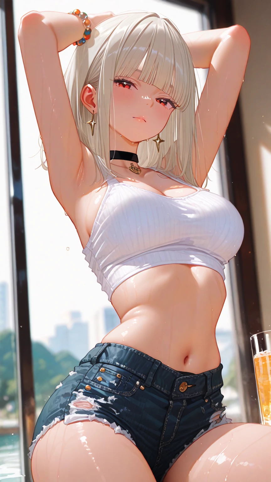 :1.6, Top quality:1.2, best quality:1.6, ultra high resolution, masterpiece:1.5 ,4K, 8K, 32K, detailed lighting, shaders, perfect , perfect proportions, highly detailed, ultra detailed, super detailed:1.2, perfect eyes, perfect face, very delicate and beautiful, illustration, sharp focus, very beautiful and detailed anime face, very detailed eyes, cute:1.4,  impressionistic:1.2, blurred background,

BREAK

1 woman, (Beautiful busty woman in her 20s:1.3), (Beautiful blonde hair: 1.4),(tan lines:1.6), (Perfect proportions: 1.6), (Small pink : 1.3),  (Full and beautiful : 1.7), (Perky : 1.7), (Thin waist: 1.2), (Slender figure: 1.2), (beautiful :1.1),

BREAK 

(Semi long straight hair:1.2), (Bangs swept to the side, showing forehead: 1.5),

BREAK 

(Happy smile:1.2), (embarrassed), (blush)

BREAK

(white hot pants:1.3), BREAK (sleeveless black T-shirts:1.3), BREAK (shirts lift to show :1.6), (:1.6), (White lace choker:1.4) (Necklace, bracelet, anklet: 1.4),

BREAK 

(One arm is over the head), (armpit), (another arm is lifting shirts:1.6), (looking viewer)

BREAK 

(Cowboy shot:1.4), (front), (from below),

BREAK 

(Beautiful beach), (Sandy beach:1.3), (peer), (yacht), (pink sky:1.3), (palm trees), (real depiction of water surface)