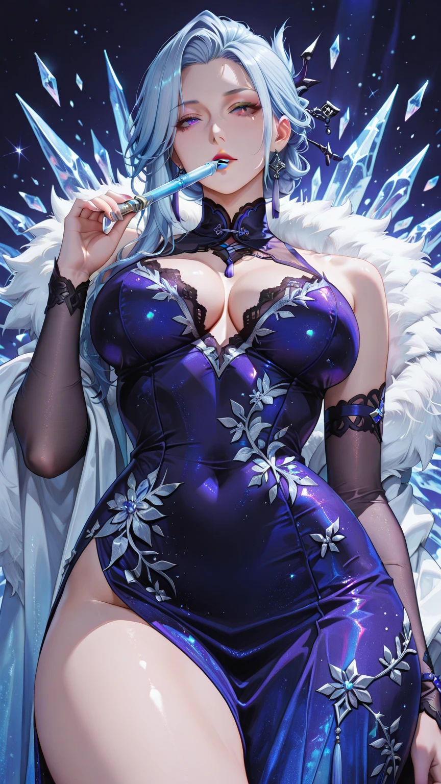 （（masterpiece：1.4，best quality）），（Super detailed），（Extremely detailed eyes），（black leggings，Shiny socks：1.5），Hello Darkness
（Cute girls），15 years old，（Blood-red pupils，Diamond-shaped pupil：1.15），Purple Eyeshadow，（elongated hair，Thick hair，Single ponytail，shiny hair：1.5）（Changes through：1.2），White skin，despair，sad，Empty eyes，tears streaming down my face，tilting its head to the side，kneel
（She wears blue armor，A blue dress，：1.5），（Black gloves：1.4）Very long plush sleeves，White，White Cloud，Dream bubbles ，Ice and glitter effects
（Black long skirt：1.1），
（dawn：1.2），
（Intense black and white：1.16），（Depth of Field：1.4），，Intricate details，(Castle in the Sky，Standing by the lake，Purple flowers by the lake)，(((Huge breasts，Bare breasts，Deep cleavage)))