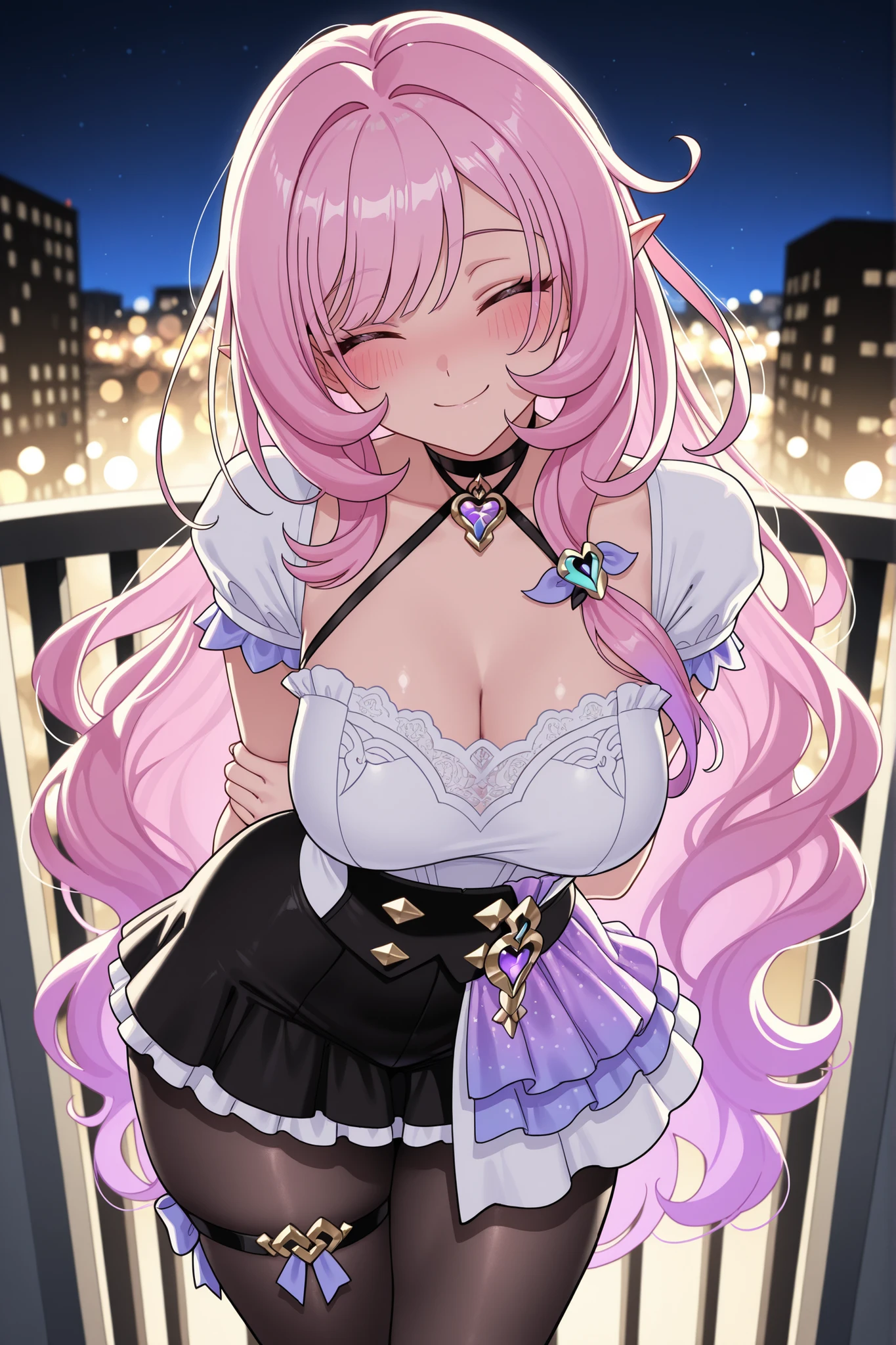 elysia_\(honkai_impact\), Mullon art style, high quality, masterpiece, best quality, 1girl, solo, gradient long straight hair let down, choker with pendant, thigh strap visible, Idol outfit, skirt, longer skirt, white lace trim, black pantyhose, ((very well detailed)) wavy hair, choker, (( pose)), (posing), hip and thigh focus, outdoors, night time, in bedroom balcony, sfw, playful dominant expression, blush, bokeh light, blush, score_9, score_8_up, score_8, 1girl, big , hair let down, long straight hair, gradient hair, teasing expression, playful ,  smile, looking at viewer, viewer pov, wavy hair, pantyhose, ((hair let down)), ((straight long hair)), ((wavy hair)), ((both arm behind her back)), wind, wind on hair, eyes closed, smile, leaning forward, viewer pov