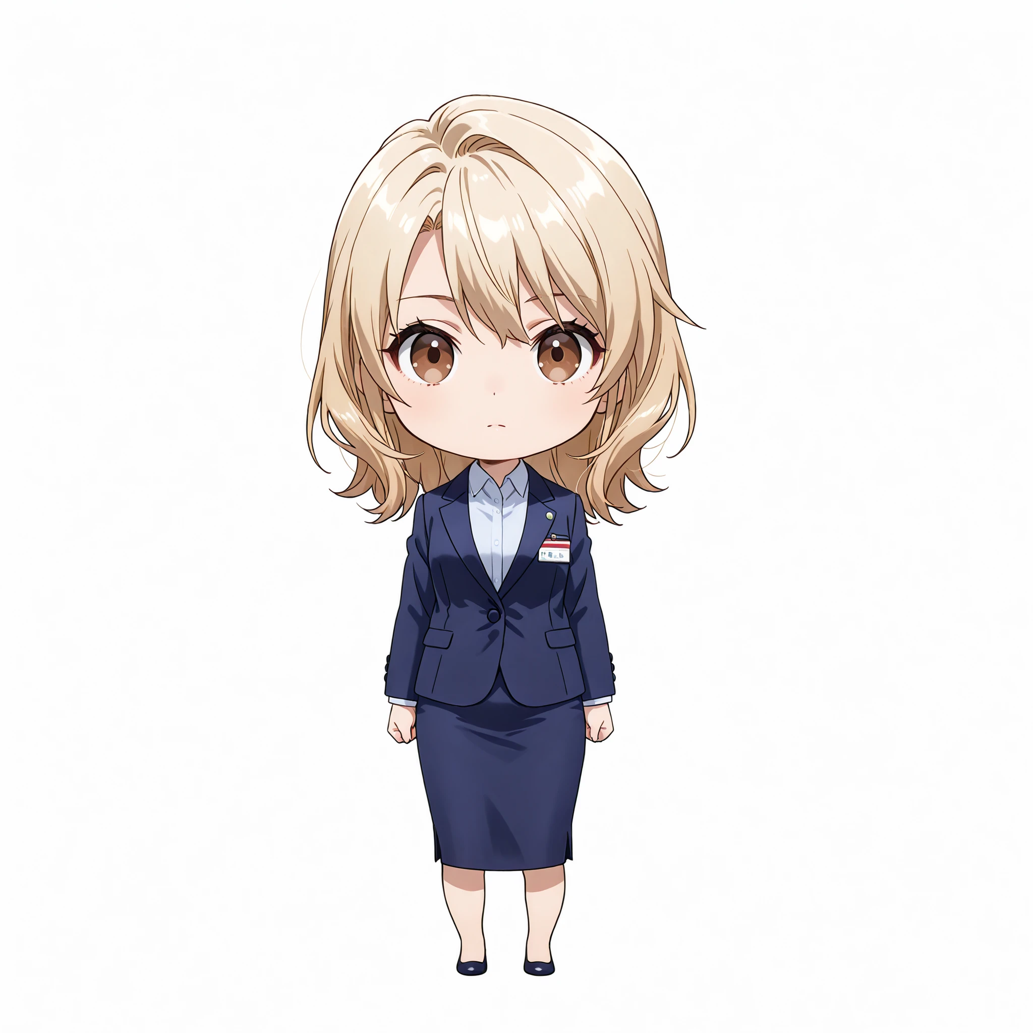 bdchibi,full body,One girl, Chibi, One girl, Full body, Front view, (White background: 1.3), Business woman, Alone, Wearing a navy blue suit and tight skirt, 20 years old, Japanese female, Brown eyes, Medium blonde hair, White background, Staring at the viewer, Interview