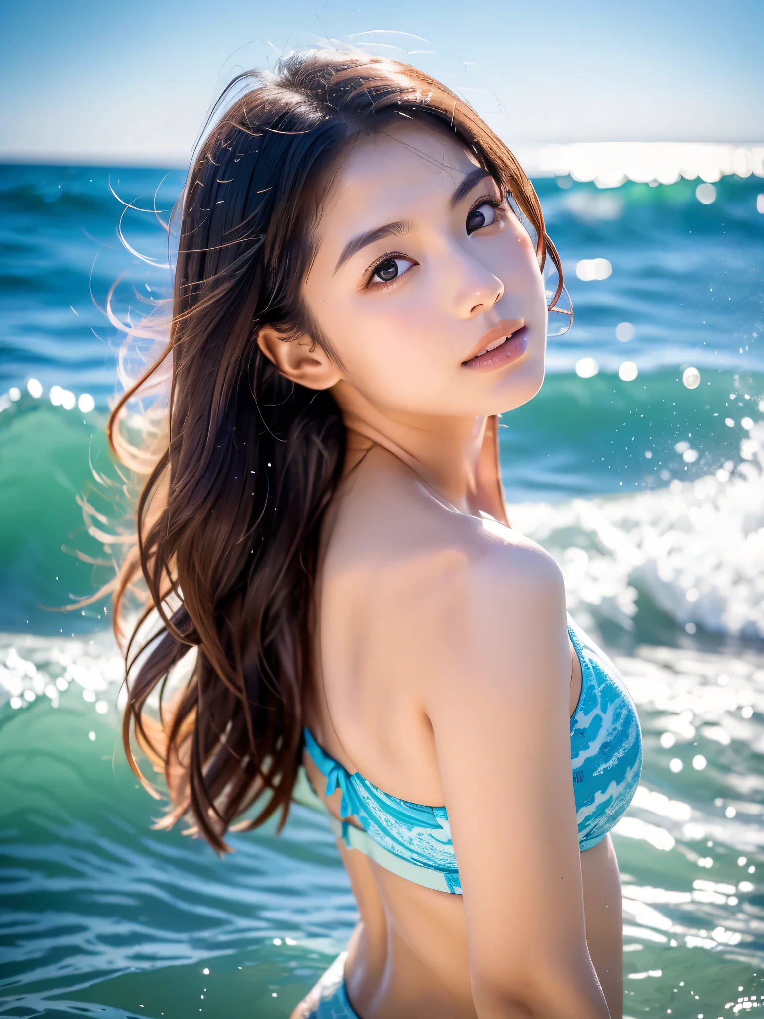 8k,best quality, masterpiece, ultra detailed, ultra high res, photorealistic, raw photo, absurdres, absolutely resolution, 1girl, solo,upperbody shot, looking at viewer,a Japanese young pretty woman, hyper cute face, glamorous figure, large breasts , long bob hair ,smile,(:1.3), (arched back:1.3),ocean waves, sandy shores, seashells, sea breeze, coastal landscapes, relaxing atmosphere, beach vibes,glossy lips, double eyelids in both eyes, natural makeup, long eyelashes, shiny smooth light brown long bob hair, asymmetrical bangs, shiny skin, central image, high resolution, high detailing, detailed hairstyle, detailed face, spectacular movie lighting, octane rendering, vibrant, hyper realistic, perfect limbs, perfect 