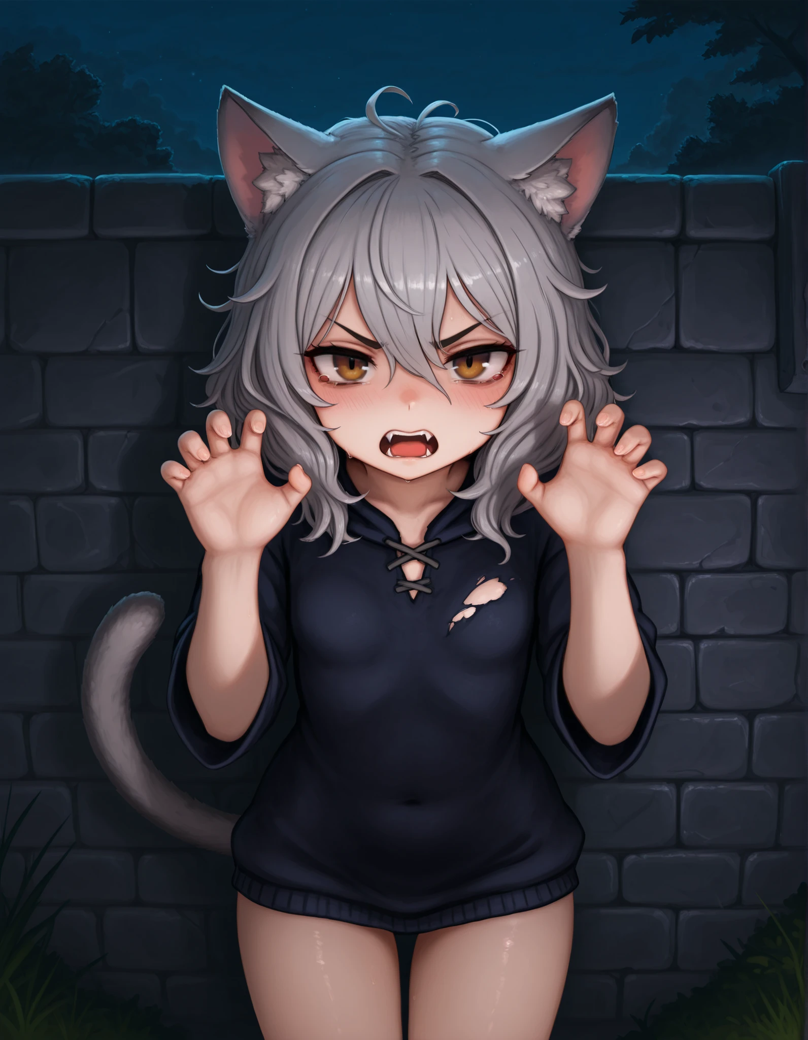 Photonoko,, 1girl, petite, (skinny and frail:0.7), cat girl, against wall, stone wall, brown eyes,looking at viewer, grey hair, medium hair, messy hair, angry, (scared:0.4), (open mouth:0.5), fangs, hands up, (tearing up:0.5), tail raised, torn clothes, straight-on, dark, night, outdoors, masterpiece,best quality, amazing quality,