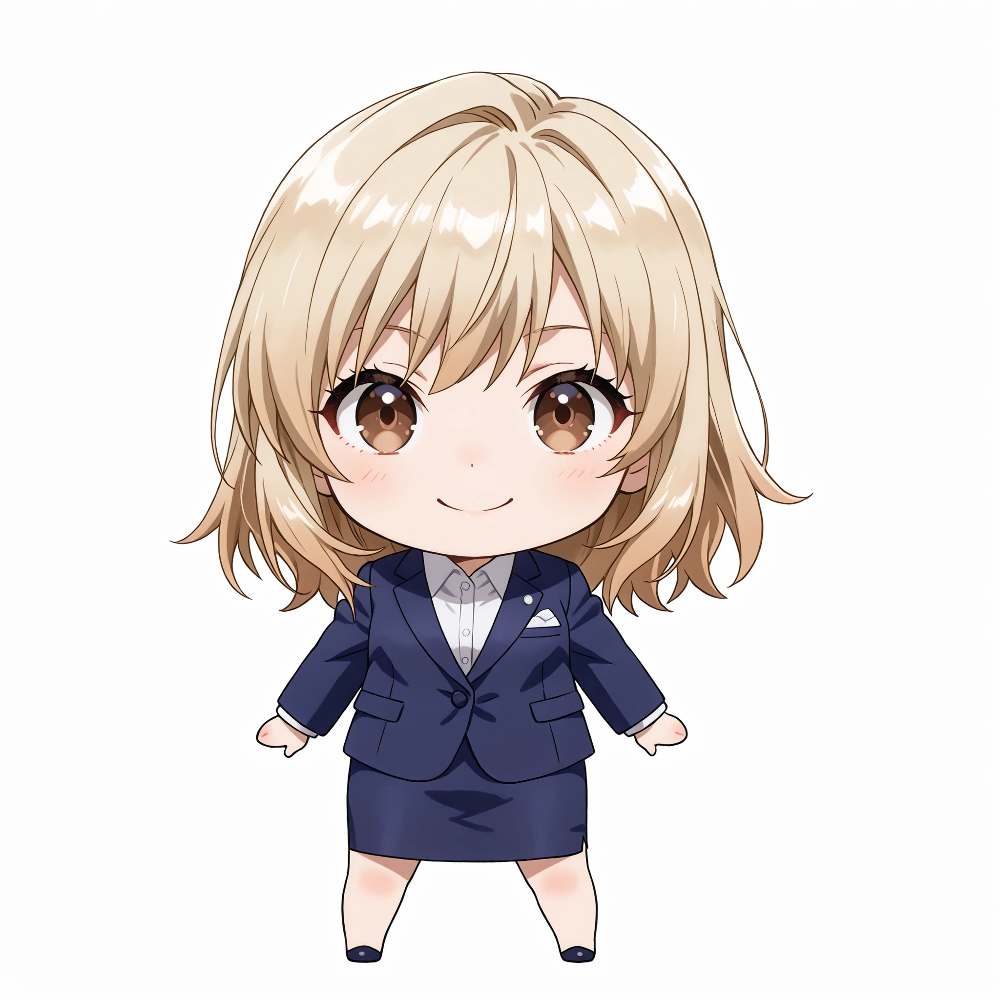 bdchibi,full body,One girl, Chibi, One girl, Full body, Front view, (White background: 1.3), Business woman, Alone, Smiling, Wearing a navy blue suit and tight skirt, 20 years old, Japanese female, Brown eyes, Medium blonde hair, White background, Staring at the viewer, Interview