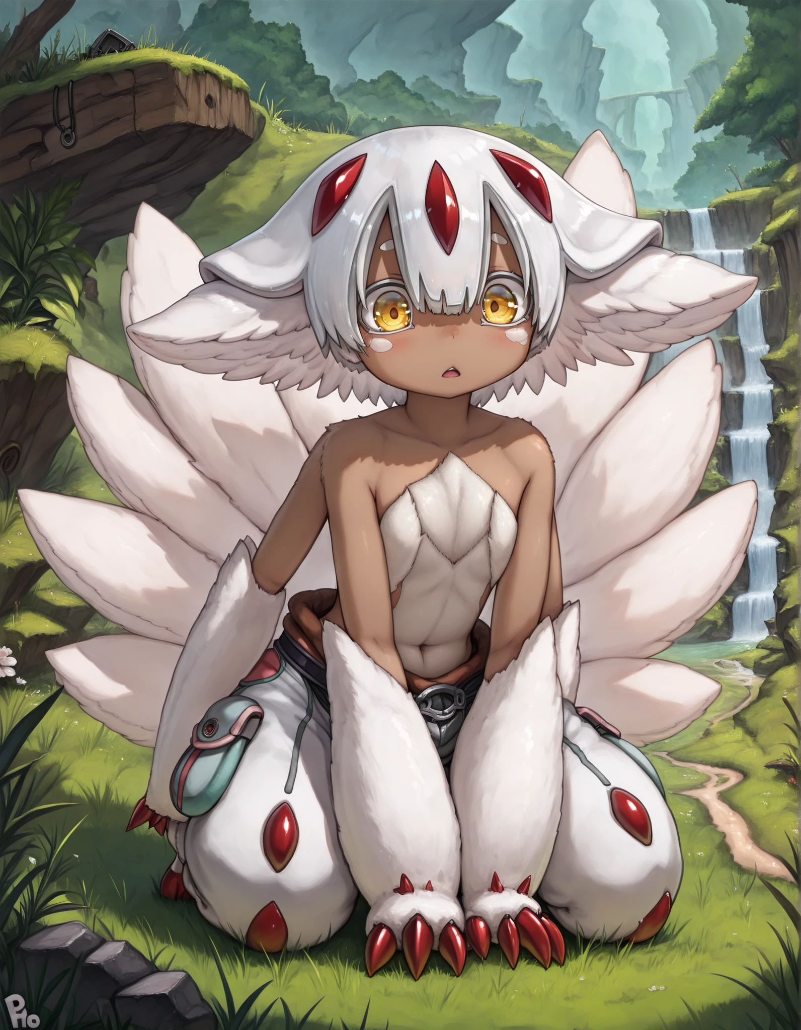 Photonoko,, (masterpiece, best quality, high quality, good quality:1.2), solo, 1girl, faputa,, faputa (made in abyss), flat chest tuft of fur, kemonomimi, white fur, dark skin, four arms, red claws, yellow eyes, outdoors, safe,