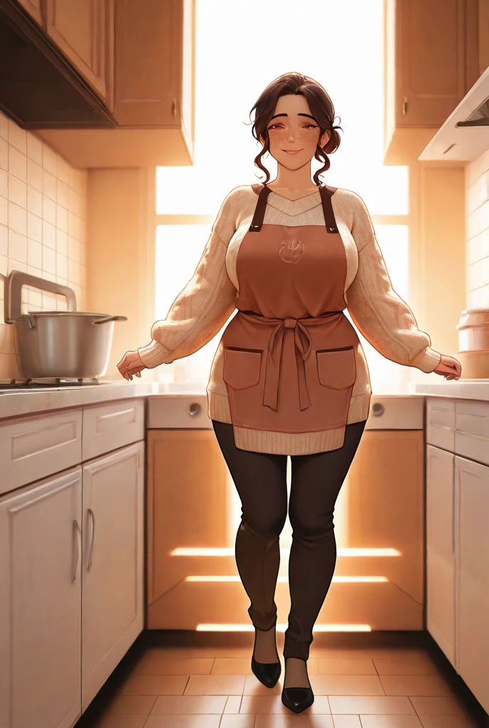 jennifer lawrence, 1girl, red haired chubby pale girl, green eyes, freckles, half asymetric red hair, cute, small height, stain lipstick, long eyelashes, primer, cream eyeline, ((small )), cute, beautiful, realistic style, highly detailed, 4k, embarrassed expression, (((full-body))), ((golden ratio, center frame)), (((RISA))), face in center of picture ((Chubby)), ((body of sydney sweeney)), wide , inflated legs, thick thighs, ((detailed face))))), 4k, look at camera, highly detailed face,(((full-body))), ((((wearing long hoodie,  legs, barefoot))))), standing in kitchen,  visible