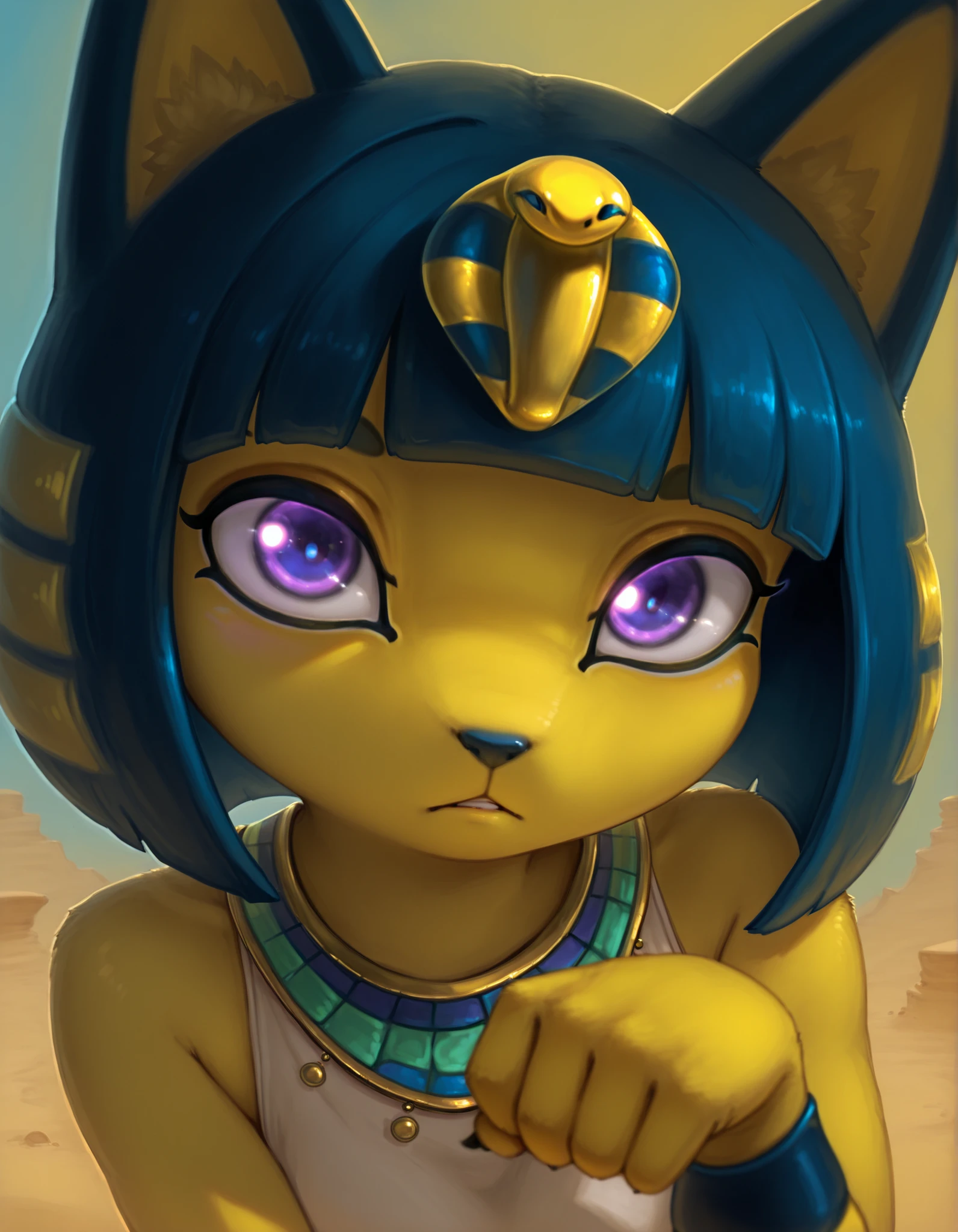 Photonoko,, depth of field, 1girl, furry, ankha \(animal crossing\), expressionless, eye reflection, yellow background, yellow theme, blue background, desert,, purple eyes, glowing eyes, wide-eyed, paw pose, looking at viewer, close-up, parted lips,