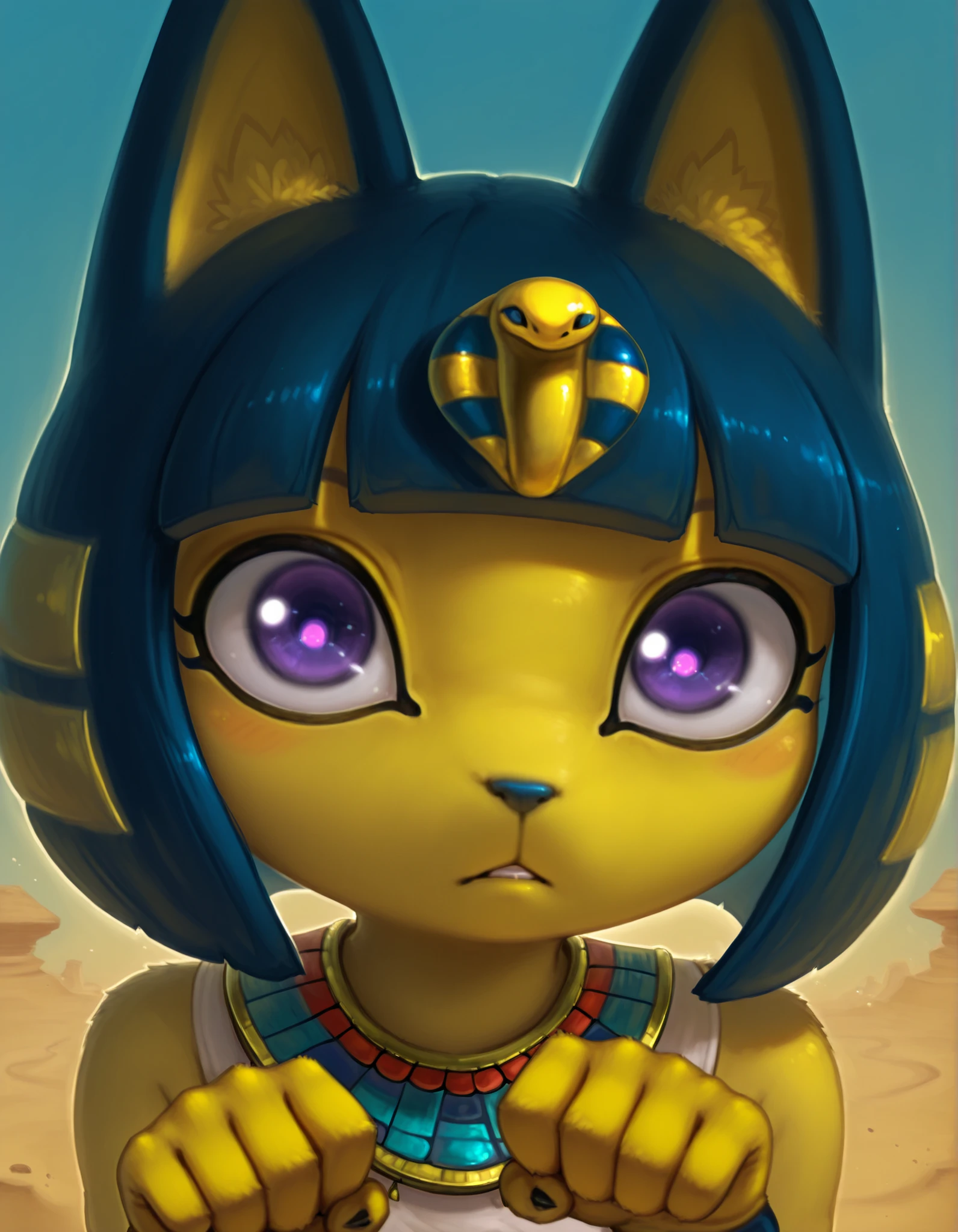 Photonoko,, depth of field, 1girl, furry, ankha \(animal crossing\), expressionless, eye reflection, yellow background, yellow theme, blue background, desert,, purple eyes, glowing eyes, wide-eyed, paw pose, looking at viewer, close-up, parted lips,