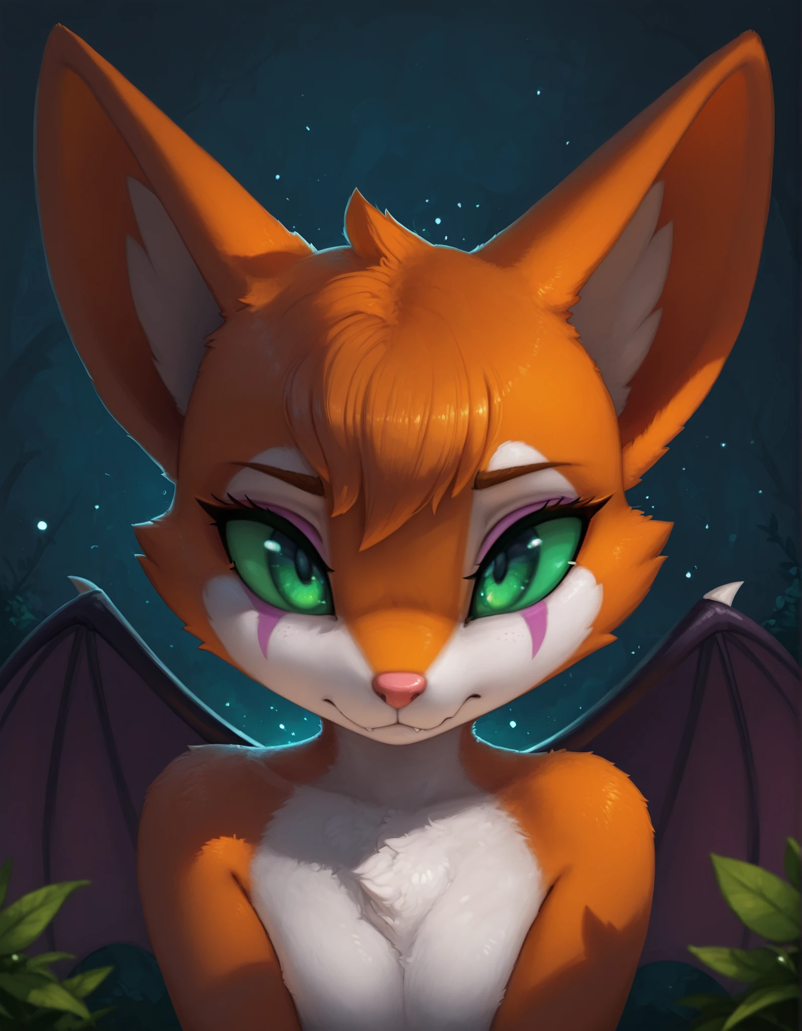 Photonoko,, masterpiece, best quality, very aesthetic, (1girl:0.7),, (solo:1.3), furry, fidget \(elysian tail\), nimbat, fidget_daet, anthro, furry female, wings, tail, green eyes, colored sclera, bat wings, facial markings, orange fur, white fur, two-tone fur,membranous wings, fluffy, portrait, big eyes, young, BREAK, masterpiece, best quality, high quality, particles effect, [:by Desubox:0.15], [:by Anchee, by Snowskau:0.55], detailed background, detailed foreground, subtle shadows, depth of field, backlighting, plant, nude