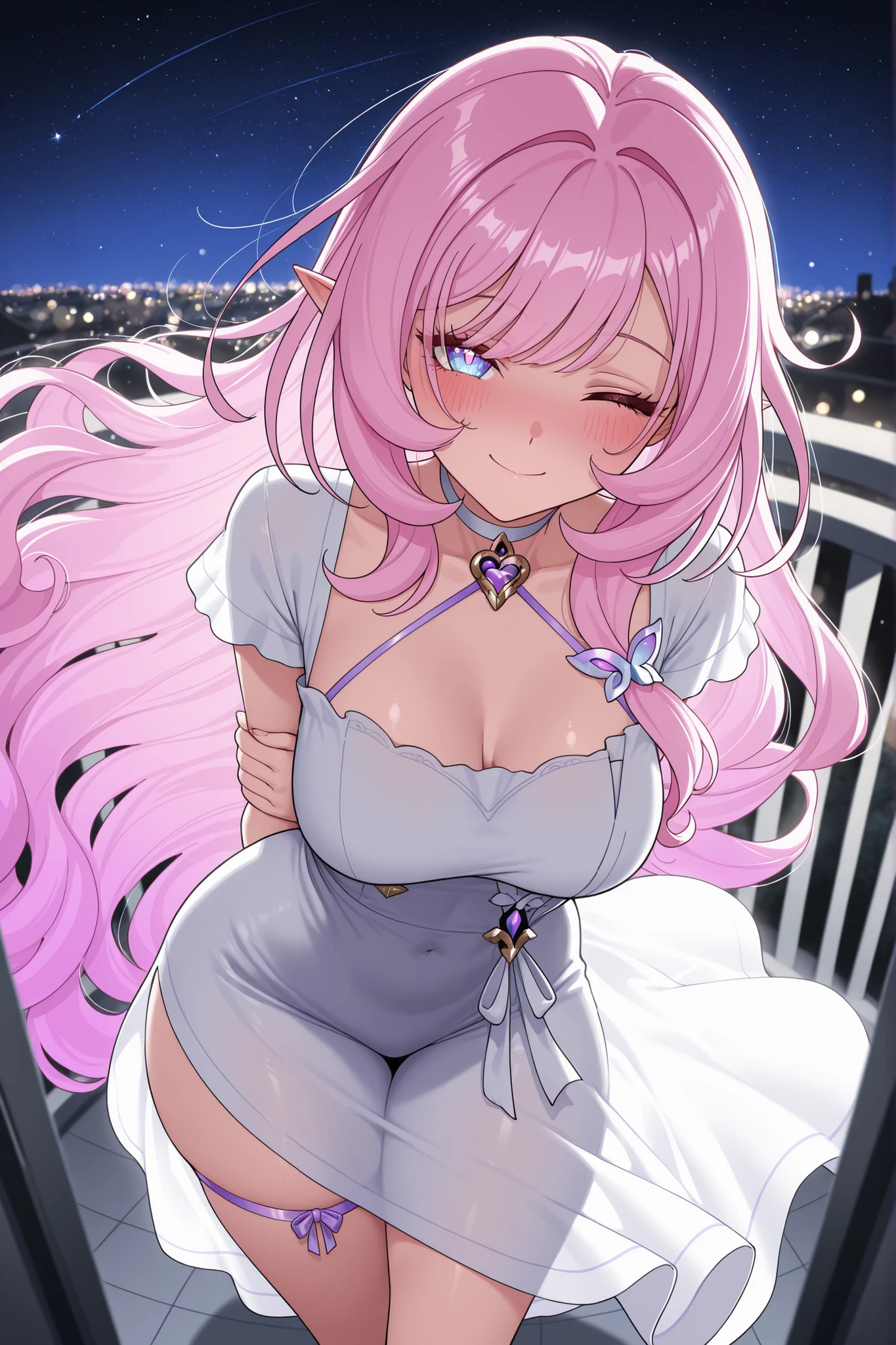 elysia_\(honkai_impact\), Mullon art style, high quality, masterpiece, best quality, 1girl, solo, gradient long straight hair let down, choker with pendant, thigh strap visible, in a dress, undergarments under the dress, ((very well detailed)) wavy hair, choker, ((sexy pose)), (posing), hip and thigh focus, outdoors, night time, in bedroom balcony, sfw, playful dominant expression, blush, bokeh light, blush, score_9, score_8_up, score_8, 1girl, big ass, hair let down, long straight hair, pink and white gradient hair, teasing expression, playful tease, seductive smile, looking at viewer, viewer pov, wavy hair, ((hair let down)), ((straight long hair)), ((wavy hair)), ((both arm behind her back)), wind, wind on hair, wink, smile, leaning forward, viewer pov, starry sky, view from above