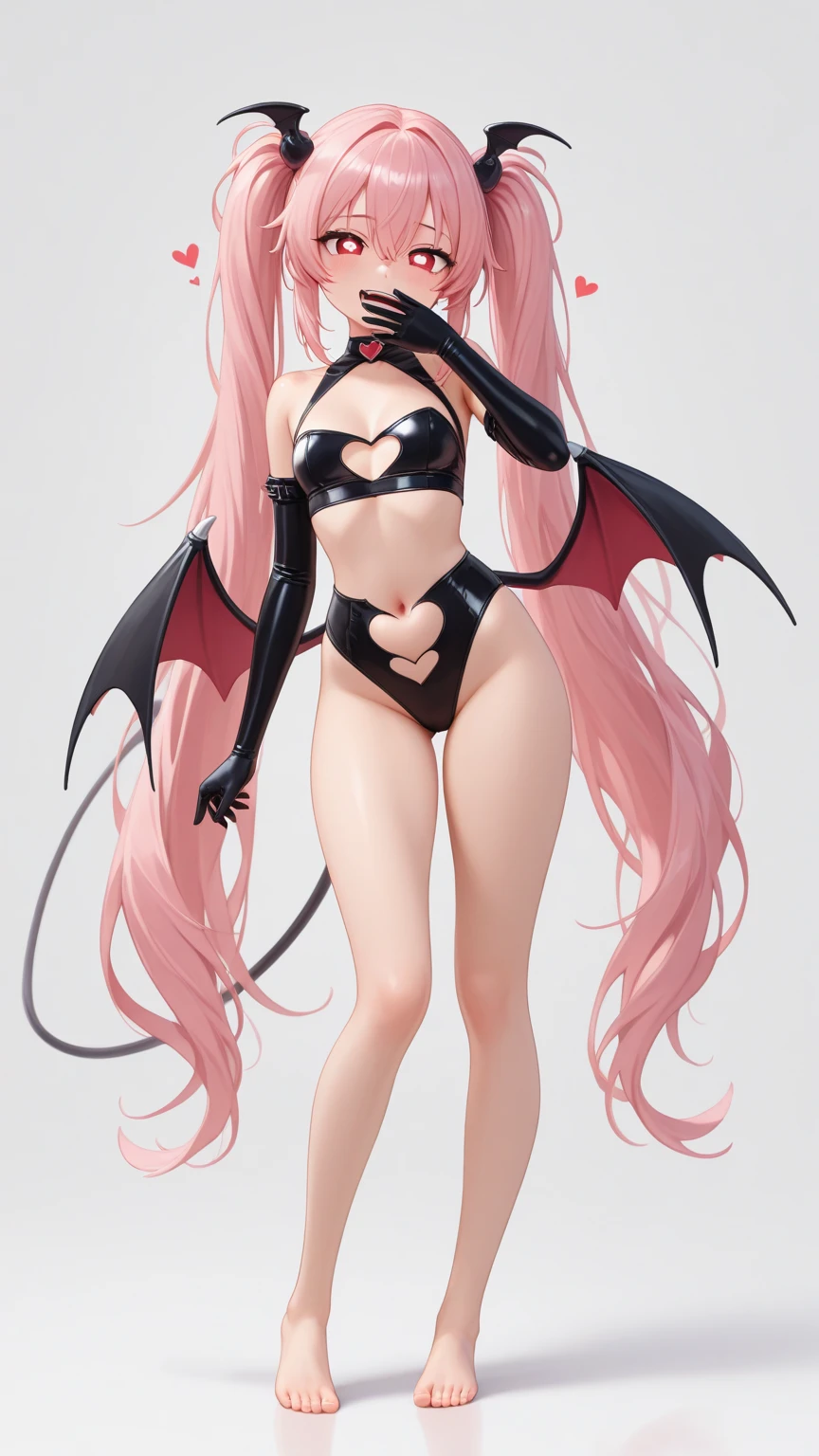 (masterpiece, best quality),thick outlines, comics, photorealistic, 1girl, solo, full body, Succubus, long pink hair, pink eyes, demon horns, pointy ears, bat wings, demon tail detached sleeves , necktie with bell, navel, castle, night, pink hearts, detailed background, detailed face, detailed eyes,