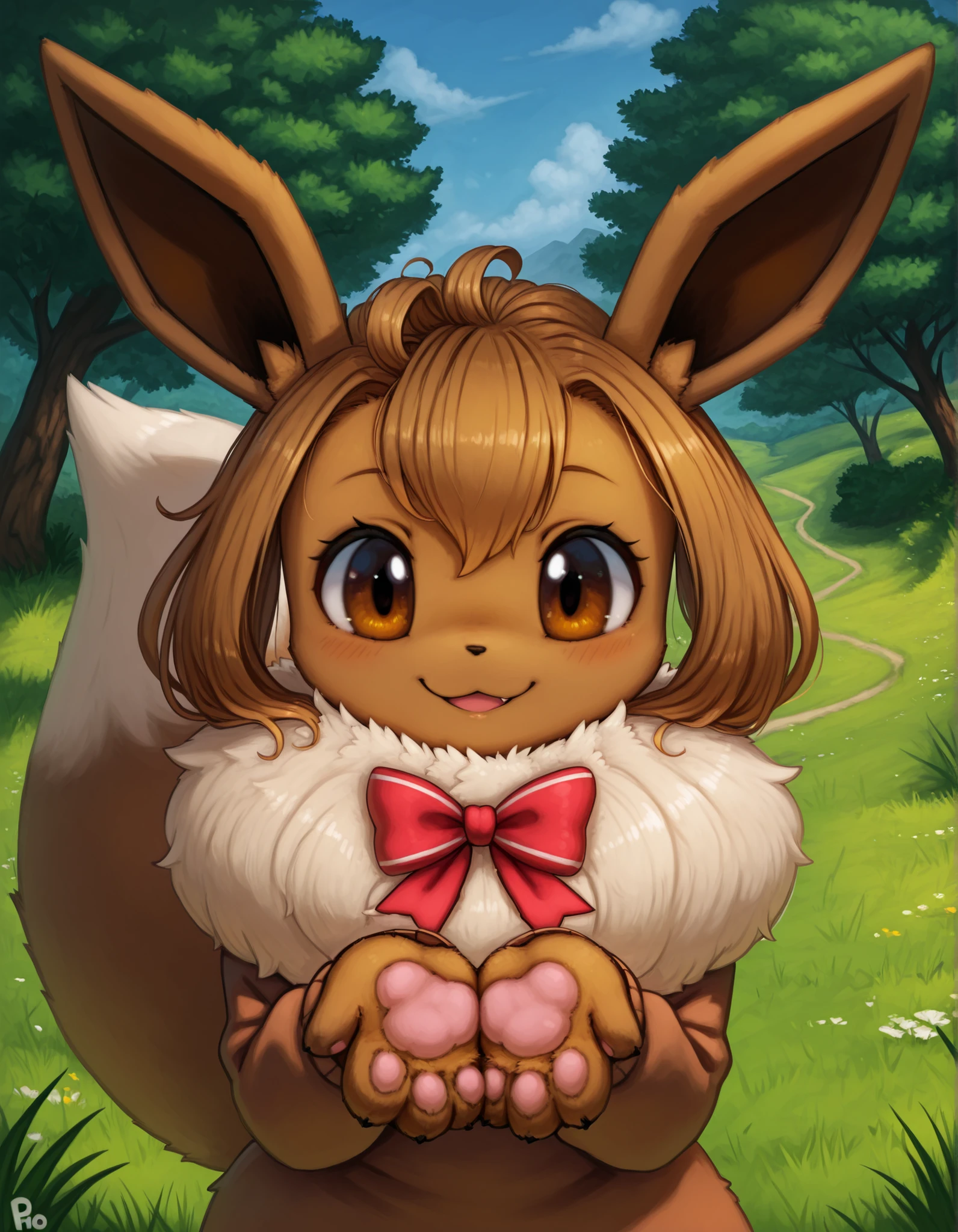 Photonoko,, pokekid, eevee, fluffy girl, furry girl, female, smile, smiling, has a big pretty bow in her hair, has animal paws for hands, 1girl, best quality, outdoors, high definition, cute,