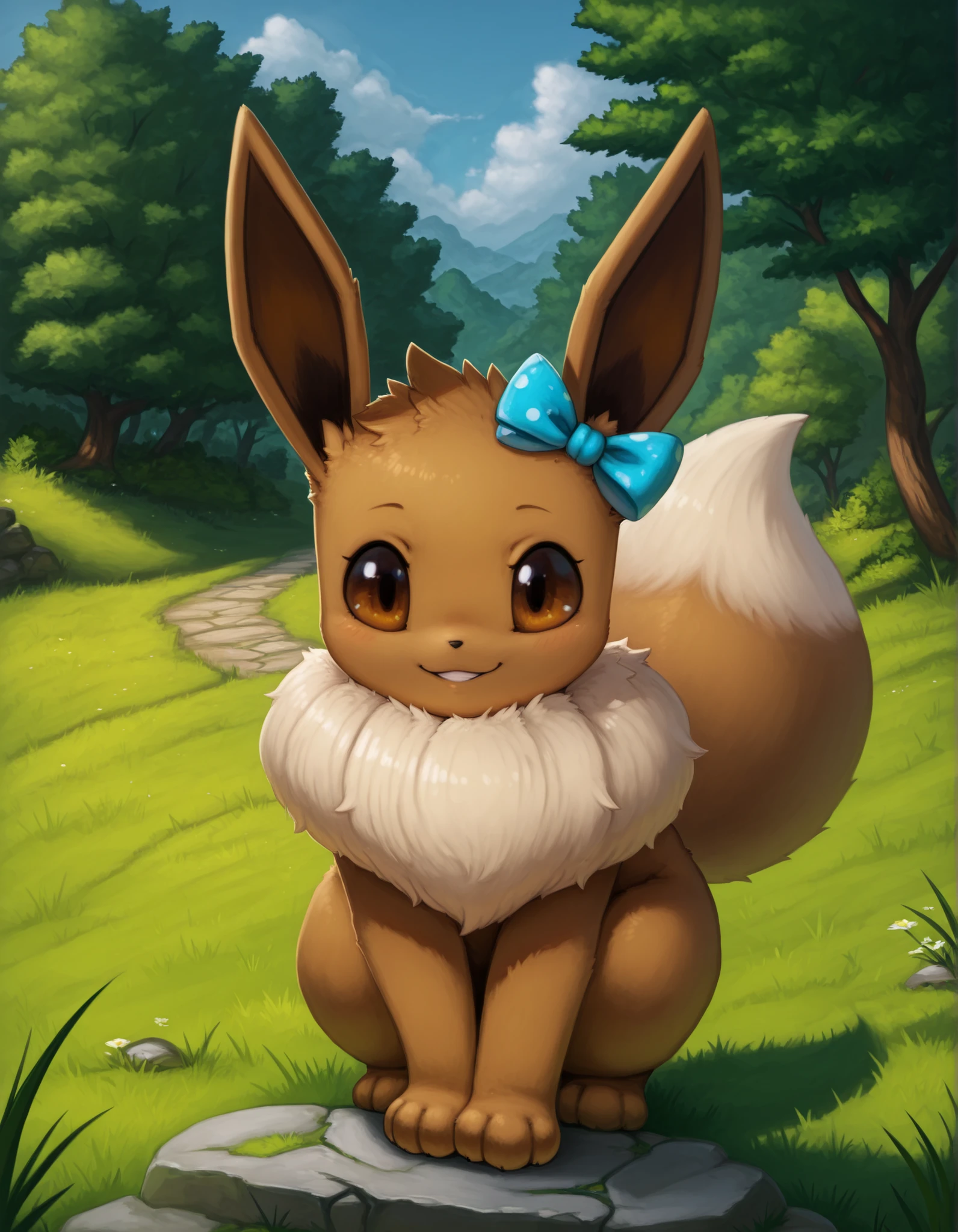 Photonoko,, pokekid, eevee, fluffy girl, furry girl, female, smile, smiling, has a big pretty bow in her hair, has animal paws for hands, 1girl, best quality, outdoors, high definition, cute,