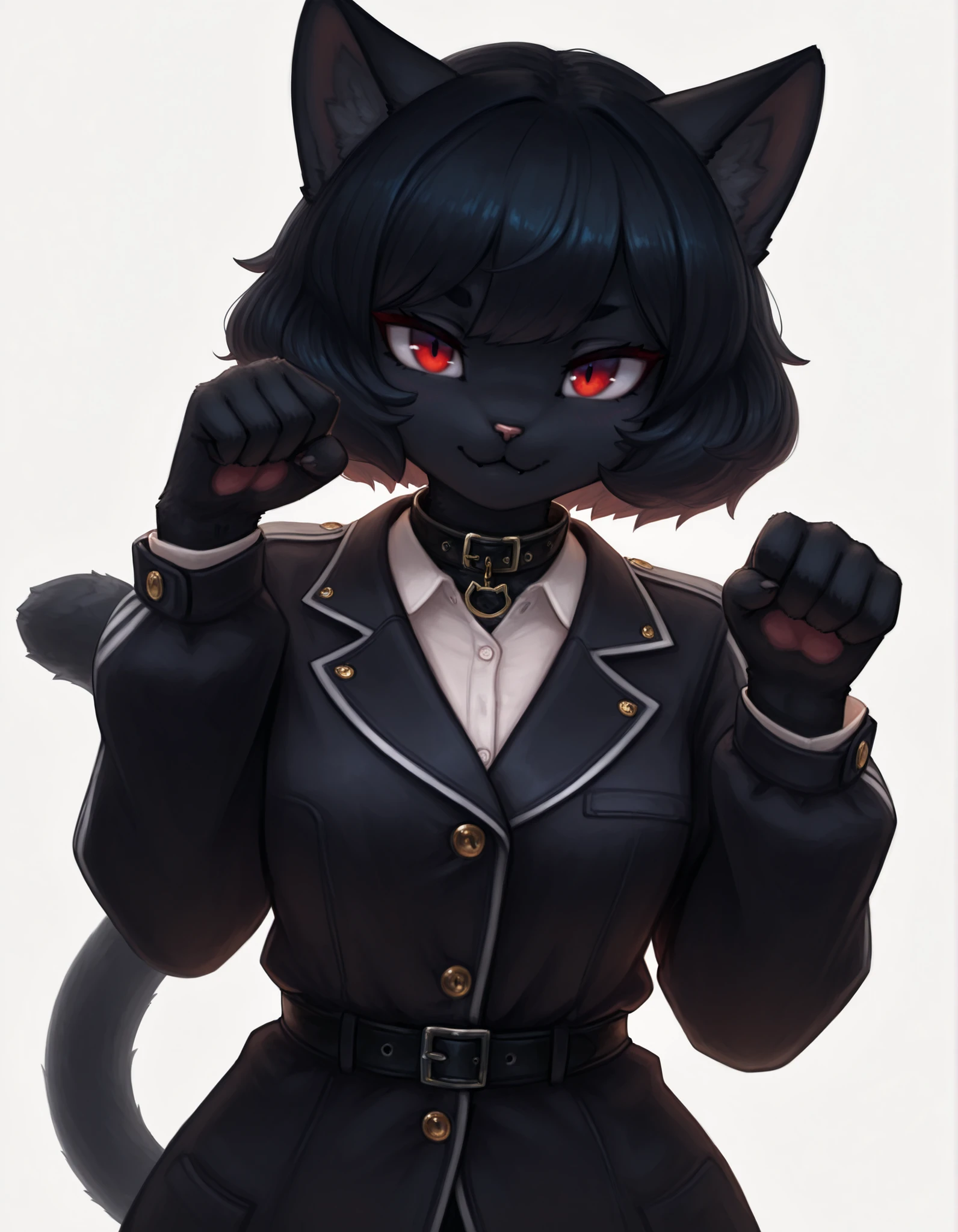Photonoko,, masterpiece, best quality, very aesthetic, 1girl, solo, white background, looking at viewer, portrait, paw pose, :3, furry female, cat girl, animal ears, black hair, short hair, black skin, red eyes, cat tail, black jacket, buttons, long sleeves, black belt, collar, masterpiece, best quality,