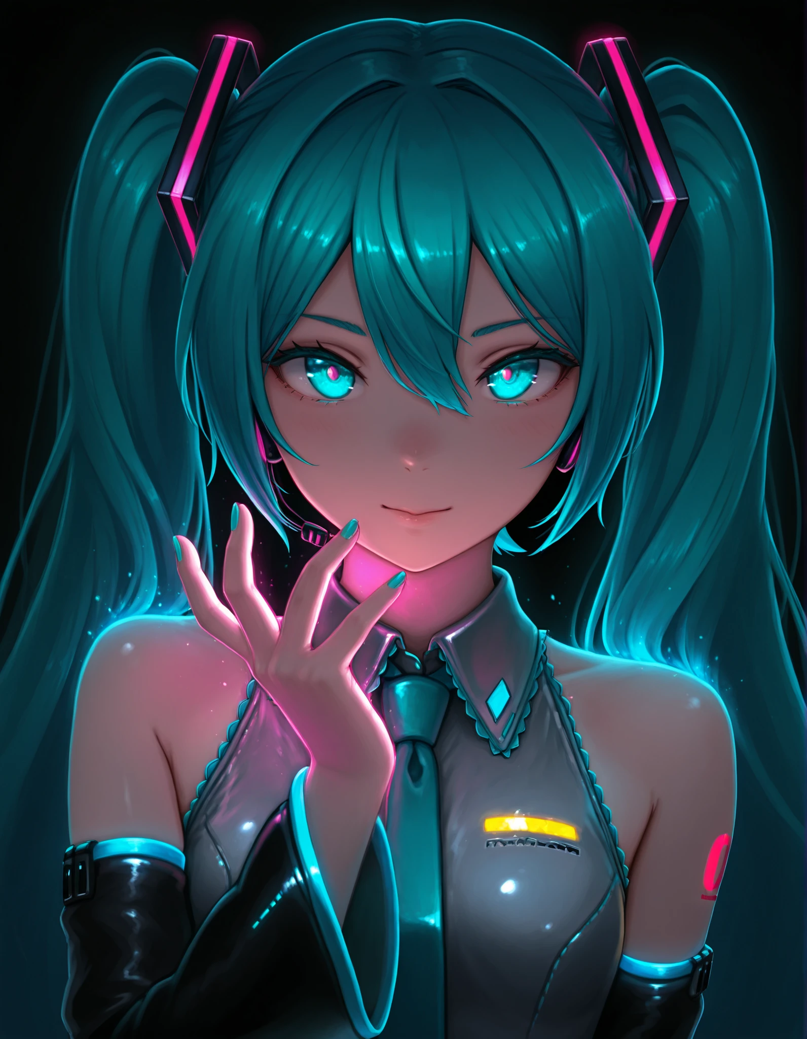 Photonoko,, Hatsune Miku, limited palette, black background, colorful, vibrant, glowing outline, neon, blacklight, looking at viewer, masterpiece, very aesthetic