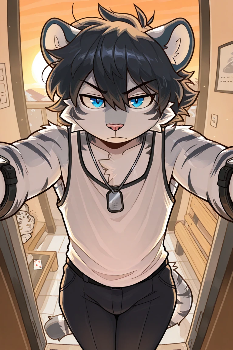 (dark environment: 0), masterpiece, high quality, abstract research, number\ (artwork), by dagashi, Yes, Kiyoyama, (Humanity, fluffy fur, Character focus: 1.1), Humanity Male Cat, short hair, portrait, Bright Eyes, panoramic, Character focus. (Detailed background: 0.7), alone, hairy, hairy male, male focus, Hana charcoal, (Full body fur, hairy尾巴, white fur, blue eyes, black hair: 1.2), (long canine) daytime white fur all over