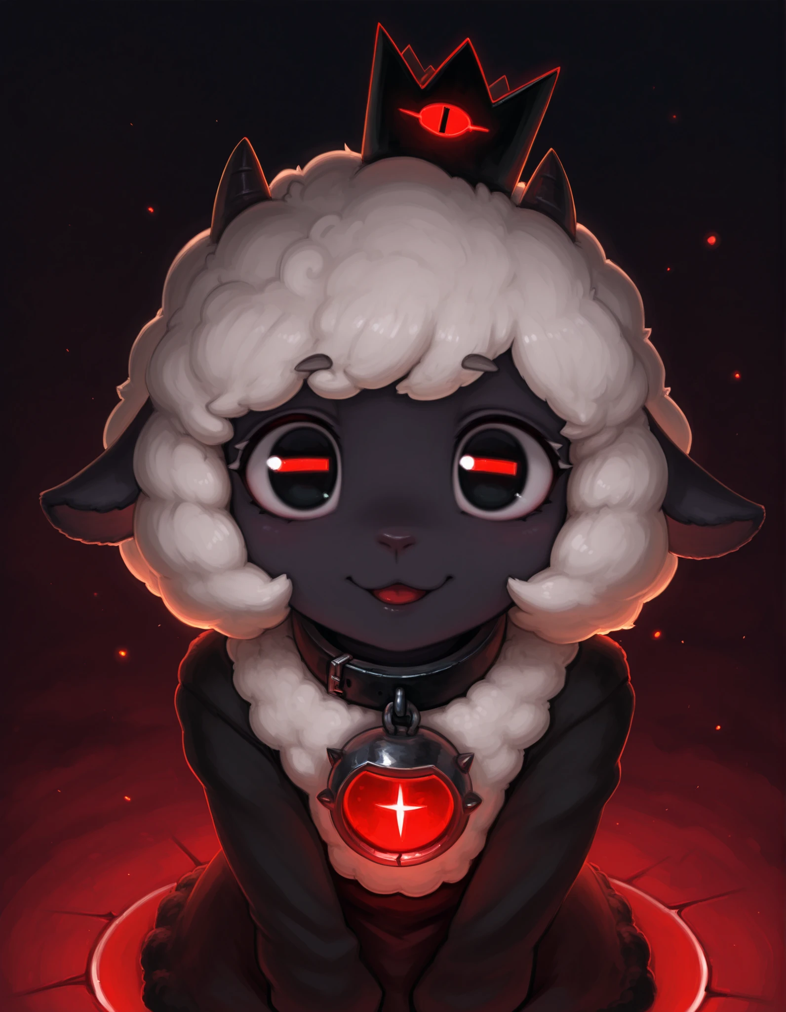 Photonoko,, masterpiece, best quality, very aesthetic, 1girl, solo, cult of the lamb, sheep girl, collar, horizontal pupils, red/black eyes, red crown,