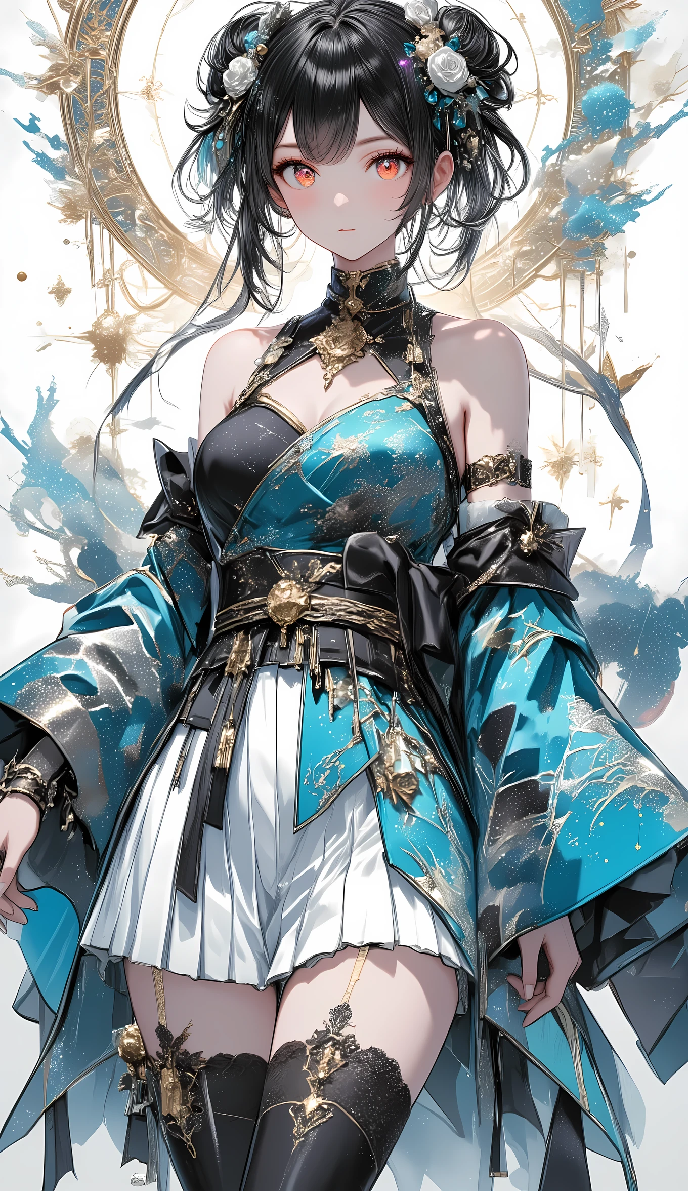 wearing turquoise blue and silver hybrid kimono-china dress, mixed stardust and dragon embroidery, layered under black satin capless bra, kimono sleeves with mandarin collar, tassel accessories, bare shoulder, thin obi belt with braided cords, 1.2::large fat ribbon from back, layered under white pleated mini skirt::, black knee-high lace boots, black delicate garter ring with white rose accessories wrapped one thigh, bell pendant, 1.3::twin bun with wrapped long ribbons::, red eyelashes, detailed fabric texture,