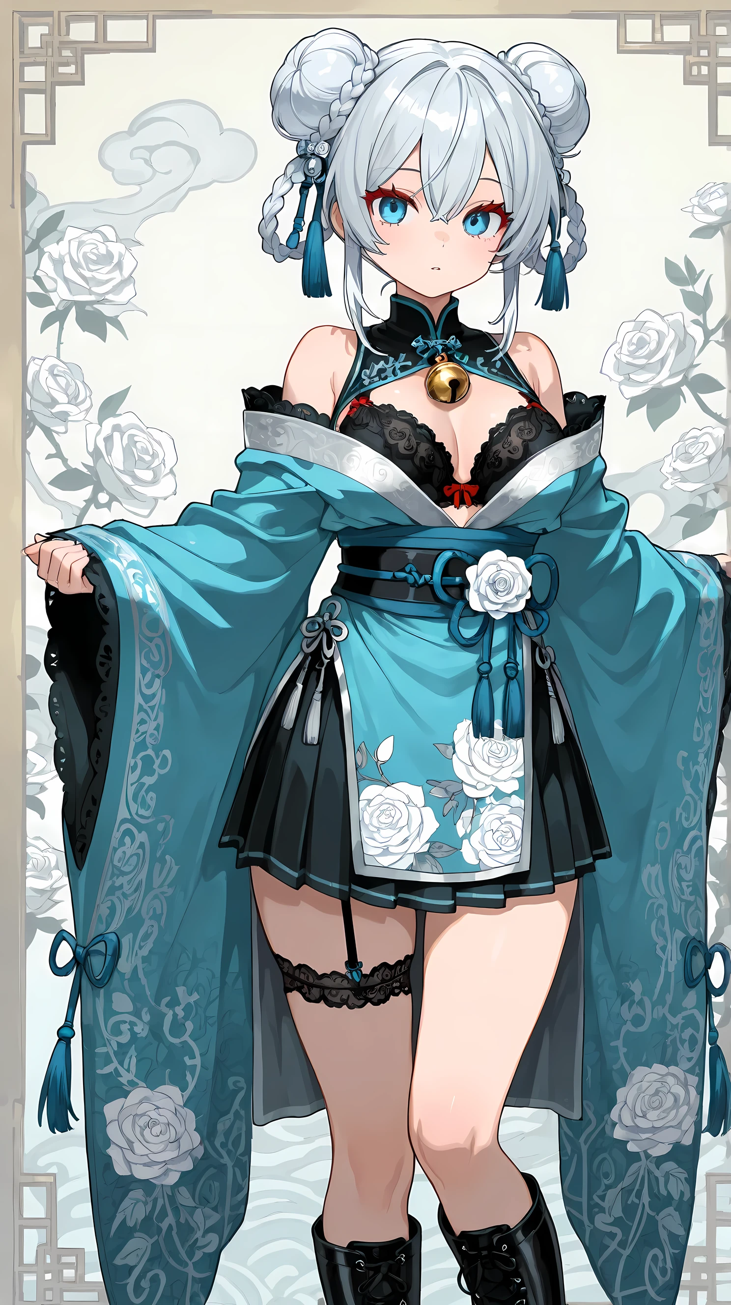 wearing turquoise blue and silver hybrid kimono-china dress, mixed stardust and dragon embroidery, layered under black satin capless bra, kimono sleeves with mandarin collar, tassel accessories, shoulder, thin obi belt with braided cords, 1.2::large fat ribbon from back, layered under white pleated mini skirt::, black knee-high lace boots, black delicate garter ring with white rose accessories wrapped one thigh, bell pendant, 1.3::twin bun with wrapped long ribbons::, red eyelashes, detailed fabric texture,