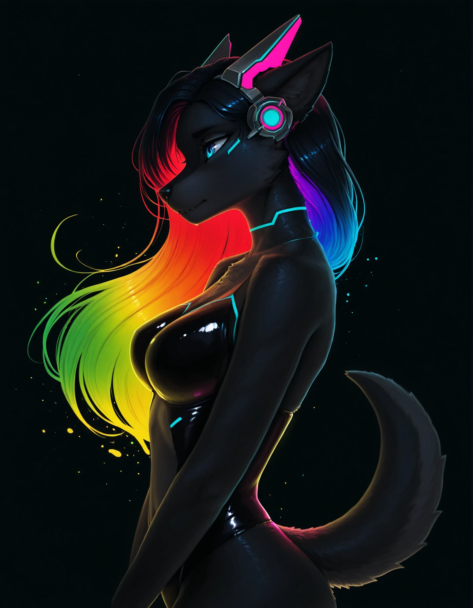 Photonoko,, furry girl, anthro, facing sideways, elegant pose, silhouette body, (glossy black fur), (neon outlines), (flat lighting), exploding fractals, liquid neon paint, splash effect, rainbow iridescent hair, gradient glow, (triadic colors), (spot color:1.2), cyberpunk headgear, artistic, abstract style, black background, recursion, film grain, no lineart, high aesthetic,