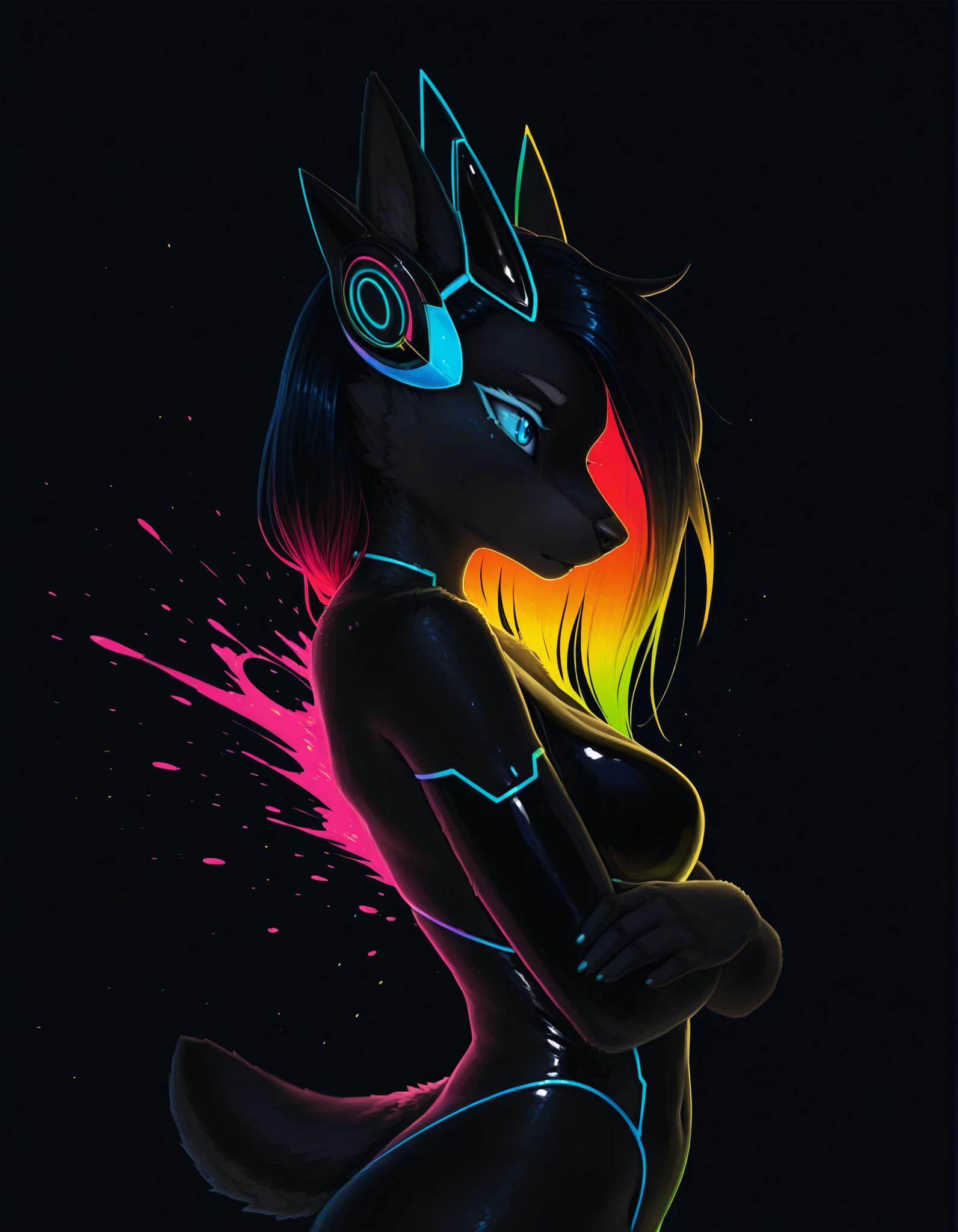 Photonoko,, furry girl, anthro, facing sideways, elegant pose, silhouette body, (glossy black fur), (neon outlines), (flat lighting), exploding fractals, liquid neon paint, splash effect, rainbow iridescent hair, gradient glow, (triadic colors), (spot color:1.2), cyberpunk headgear, artistic, abstract style, black background, recursion, film grain, no lineart, high aesthetic,