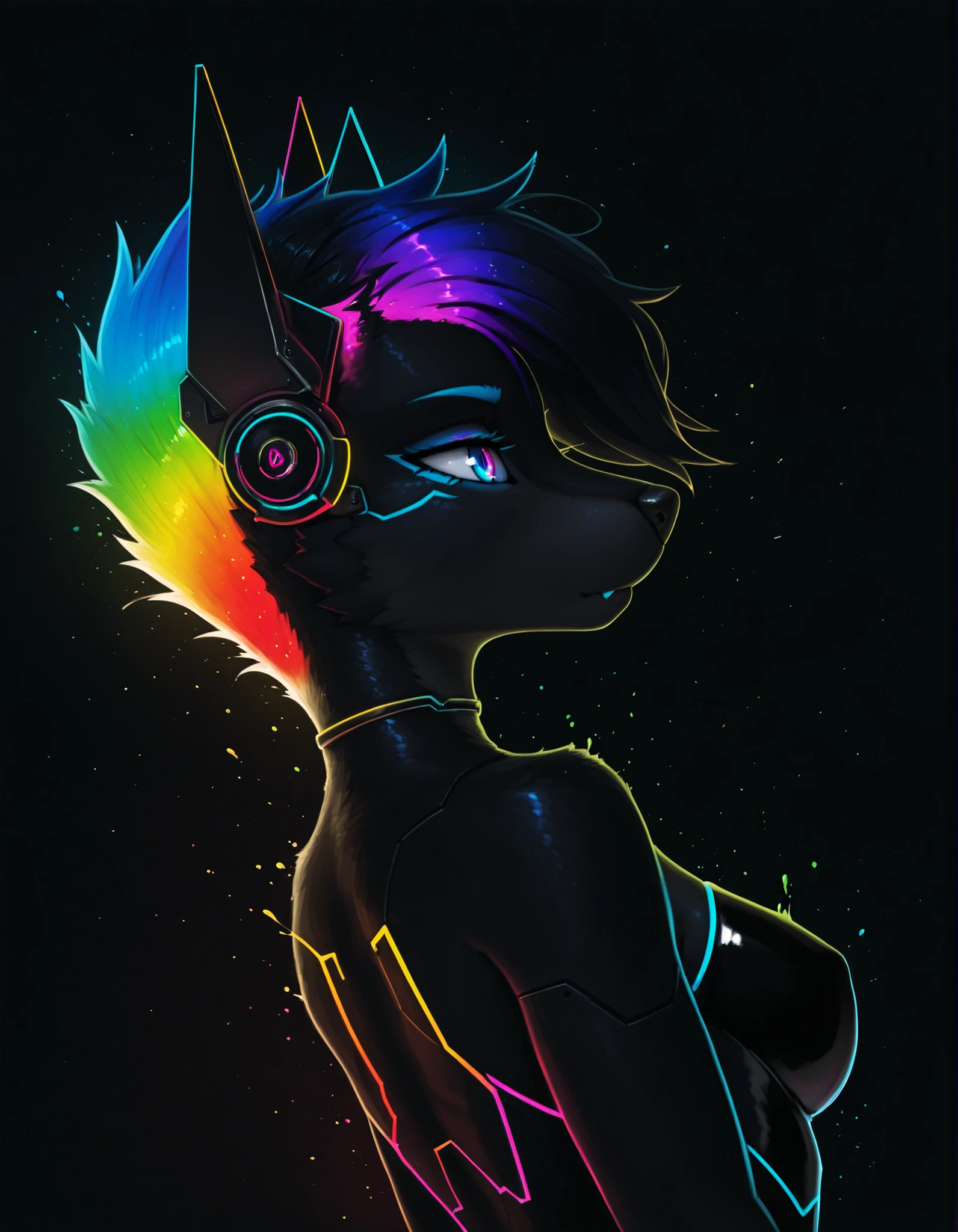 Photonoko,, furry girl, anthro, facing sideways, elegant pose, silhouette body, (glossy black fur), (neon outlines), (flat lighting), exploding fractals, liquid neon paint, splash effect, rainbow iridescent hair, gradient glow, (triadic colors), (spot color:1.2), cyberpunk headgear, artistic, abstract style, black background, recursion, film grain, no lineart, high aesthetic,