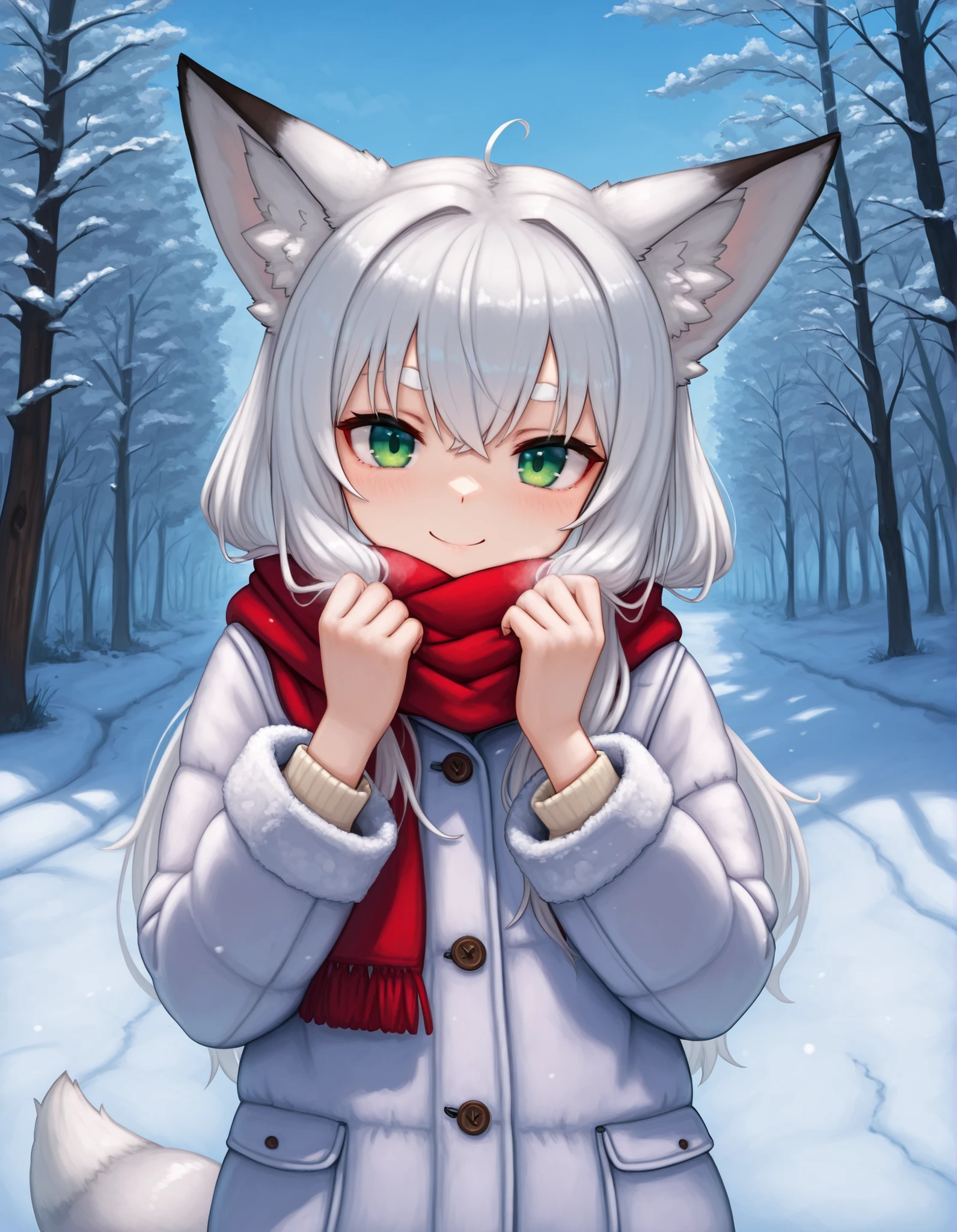 Photonoko,, anime, solo, BREAK, young fox girl, skinny and frail, (petite,cute:0.5), green eyes, looking at viewer, long hair, white hair, smile, winter clothes, outdoors, winte