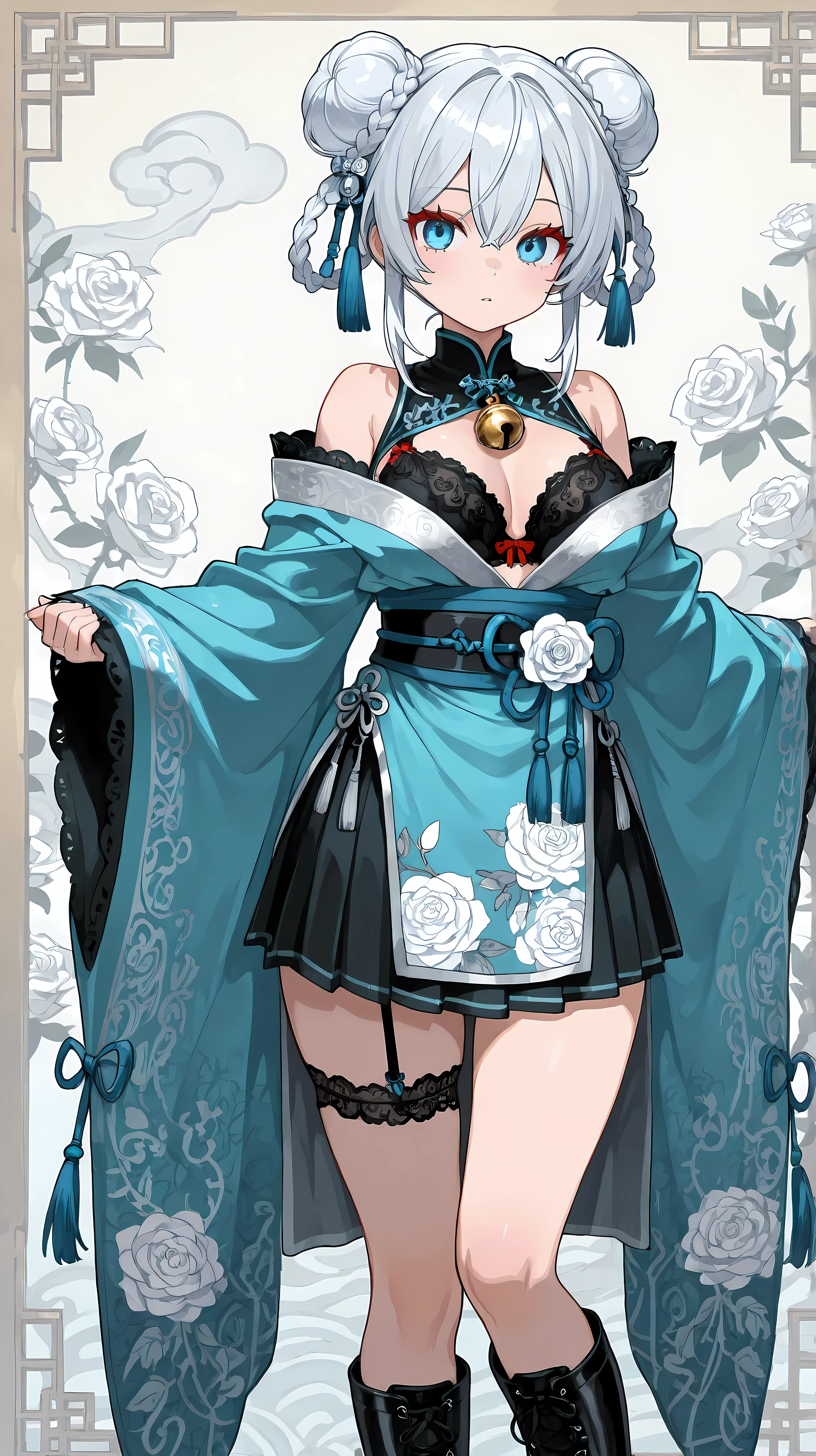 wearing turquoise blue and silver hybrid kimono-china dress, mixed stardust and dragon embroidery, layered under black satin capless bra, kimono sleeves with mandarin collar, tassel accessories,  shoulder, thin obi belt with braided cords, 1.2::large fat ribbon from back, layered under white pleated mini skirt::, black knee-high lace boots, black delicate garter ring with white rose accessories wrapped one thigh, bell pendant, 1.3::twin bun with wrapped long ribbons::, red eyelashes, detailed fabric texture,