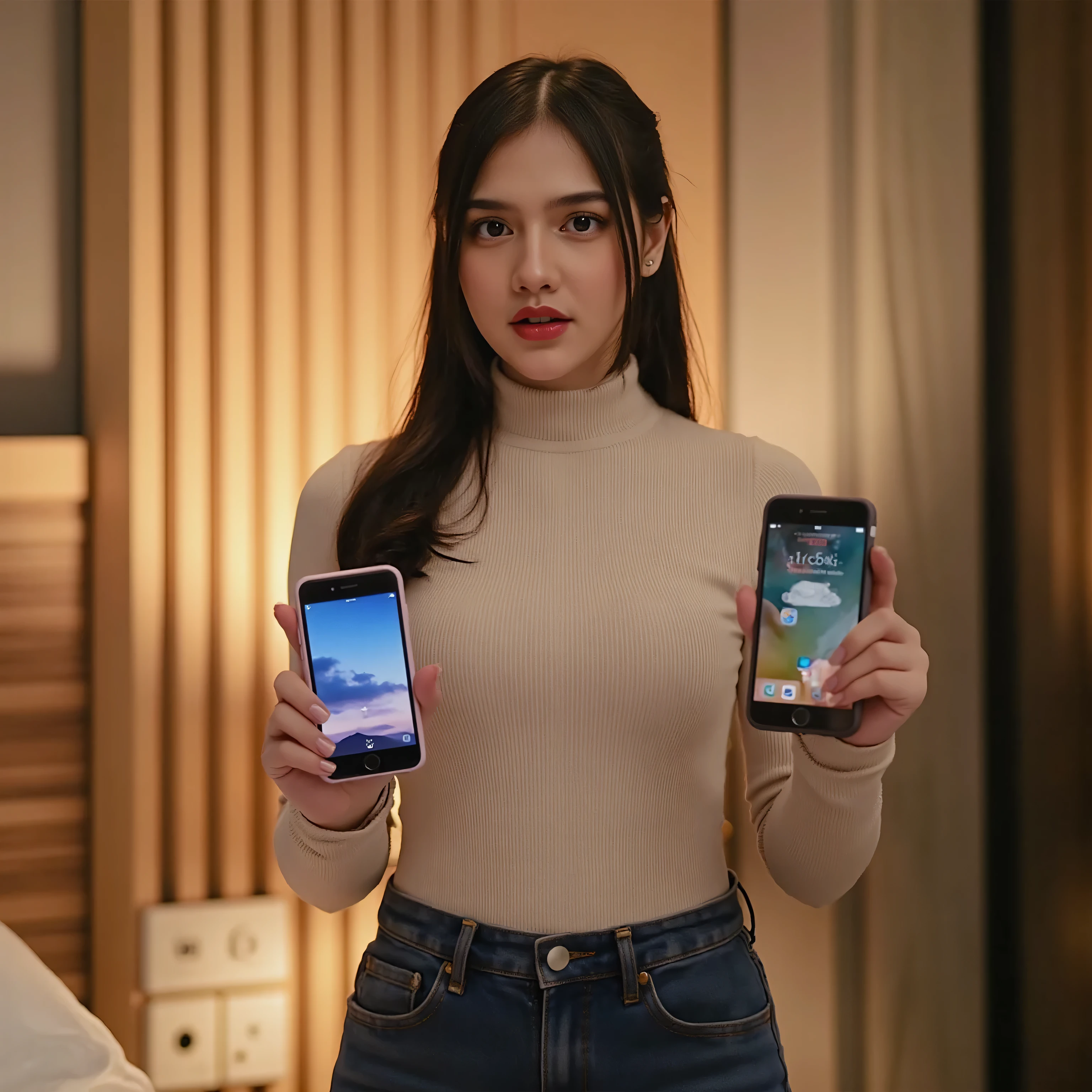A young woman stands indoors in a warm, softly lit evening room. She has long dark hair, a calm expression, and wears a fitted light-colored turtleneck sweater. In each hand, she holds a smartphone instead of bottles, positioned symmetrically at chest level. Both smartphones face forward, clearly showing their lit screens. The background features a window with a cool dusk sky and minimal interior elements. Ultra-realistic, high-resolution photography style with natural lighting, smooth skin tones, and absolutely no text or labels.