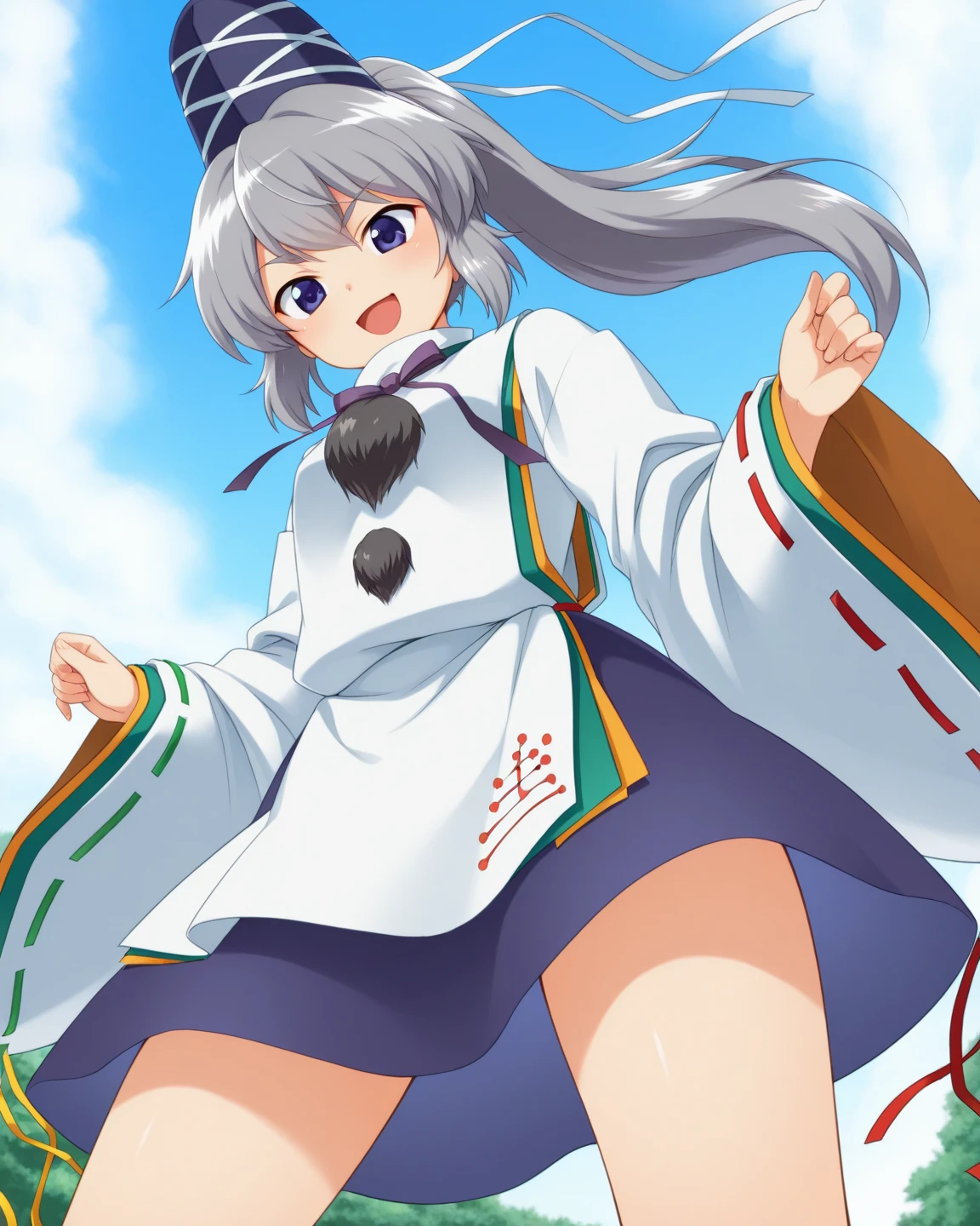 mononobe no futo, One Woman, Long sleeve, Sleeves edged with ribbon, Gray Hair, blue eyes, Proud face,
Underbust,  Medium ?????, ????,Thighs,Plump，milk,Underarm,Underbust，vapor，High Leg,Jump,Low Angle，Please spread it with your hands,Embarrassed face