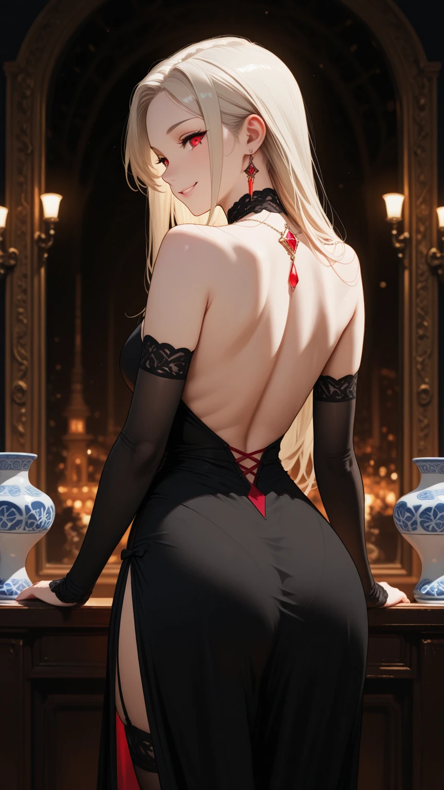 a young woman with long, golden hair styled in a high ponytail, beautiful detailed eyes, long eyelashes, and a striking red gown with an open back, puff sleeves, and a dramatic Juliet collar, standing alone against a simple dark background, bathed in soft, volumetric lighting that creates a glowing, ethereal effect, extremely detailed, intricate details